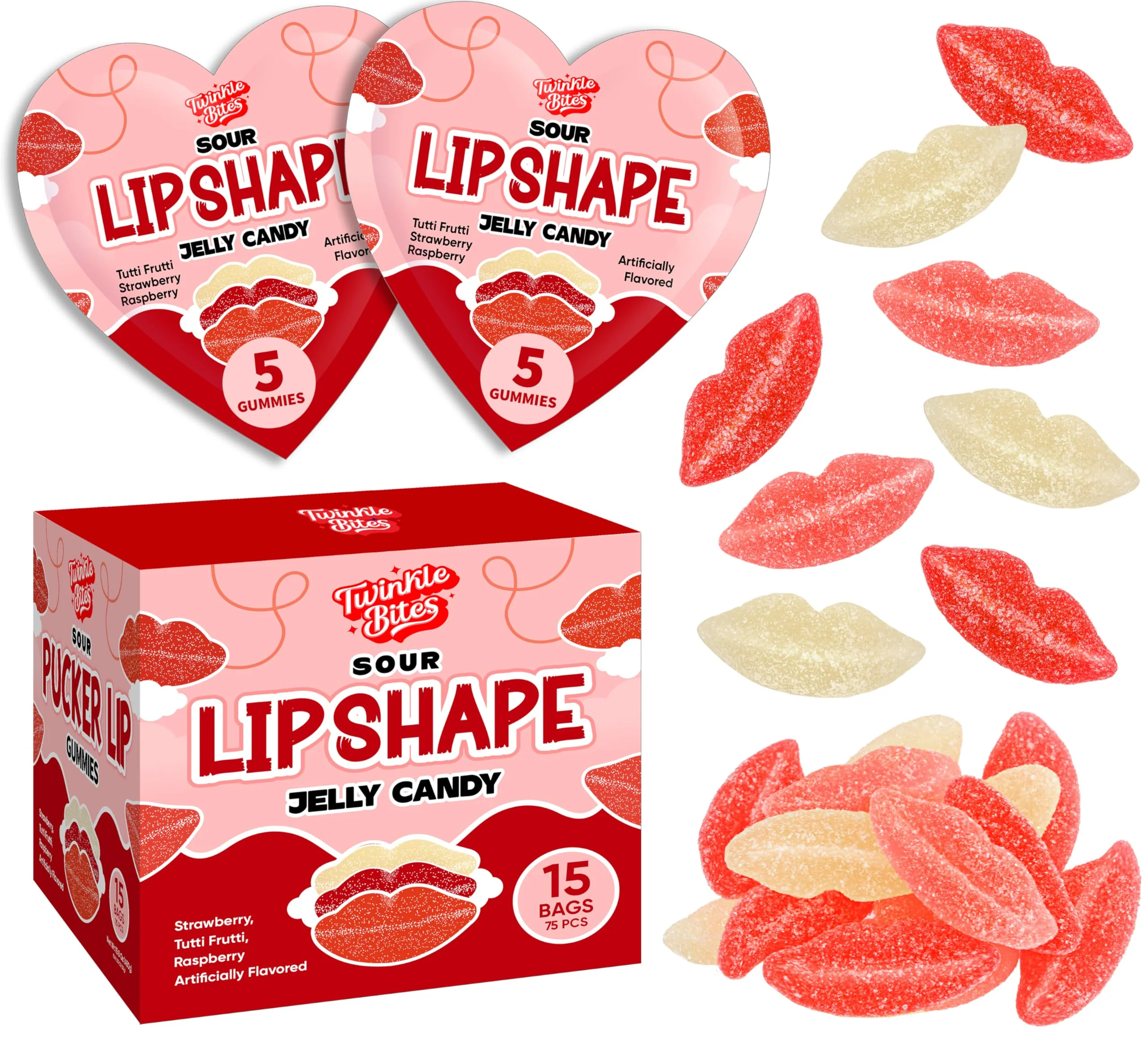 15 Pack Valentine’s Day Sour Pucker Gummy – Heart Shaped Packs with 5 Lip Candy in each Bag, Strawberry, Raspberry & Tutti Frutti Flavors, Valentine Candy Gift Box