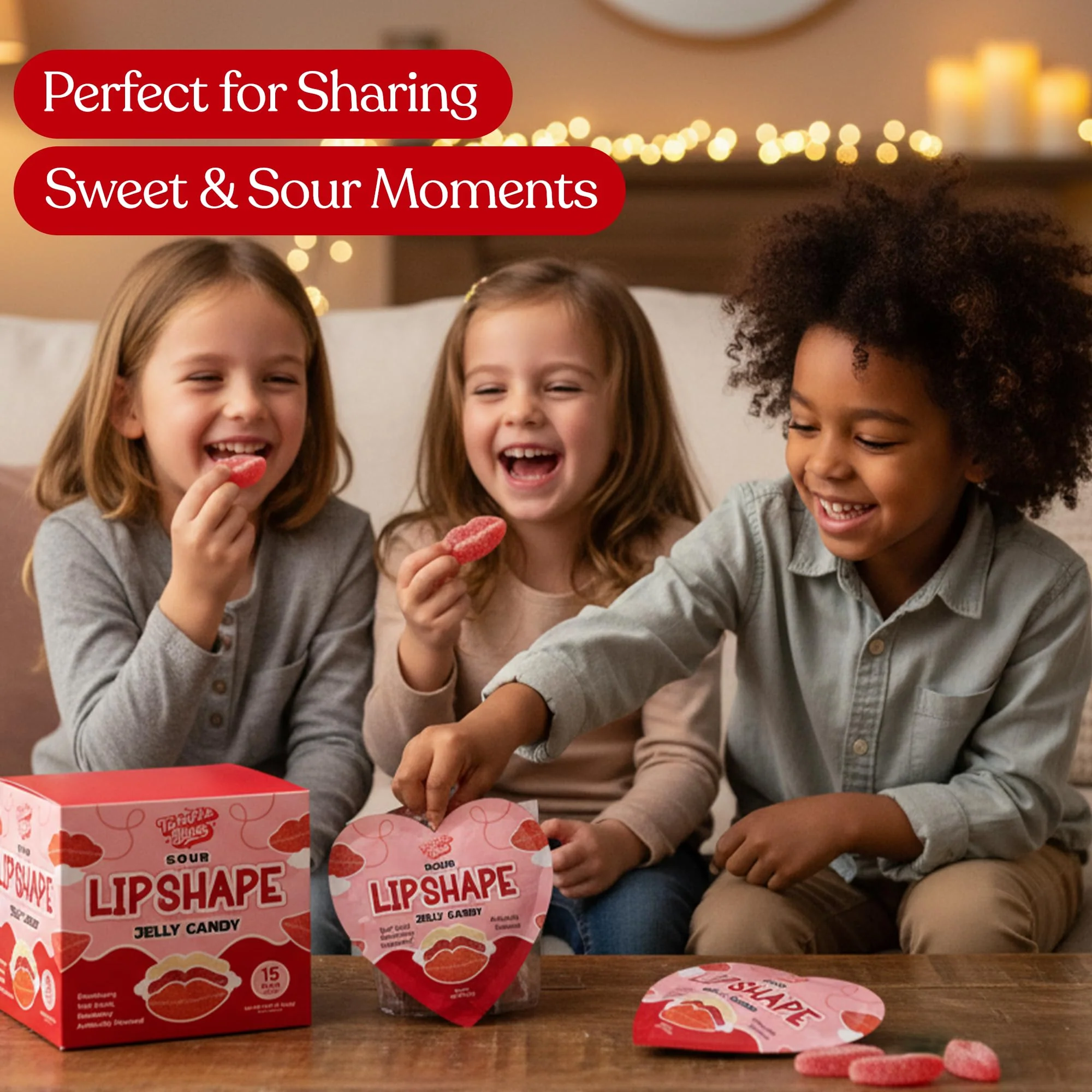 15 Pack Valentine’s Day Sour Pucker Gummy – Heart Shaped Packs with 5 Lip Candy in each Bag, Strawberry, Raspberry & Tutti Frutti Flavors, Valentine Candy Gift Box - Image 2