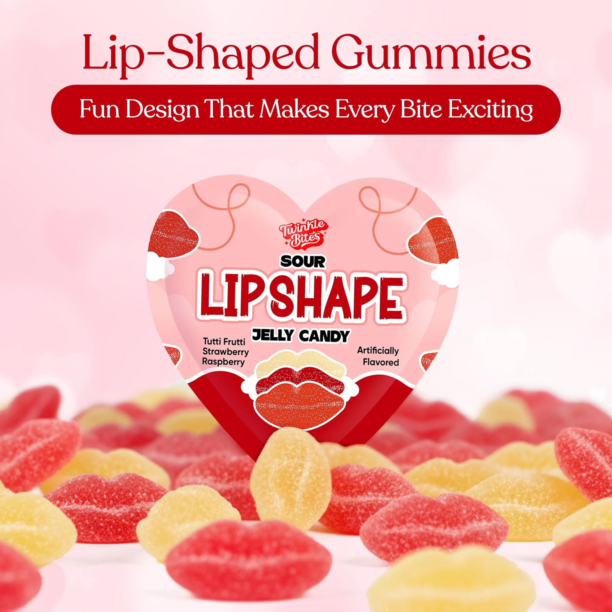 15 Pack Valentine’s Day Sour Pucker Gummy – Heart Shaped Packs with 5 Lip Candy in each Bag, Strawberry, Raspberry & Tutti Frutti Flavors, Valentine Candy Gift Box - Image 3