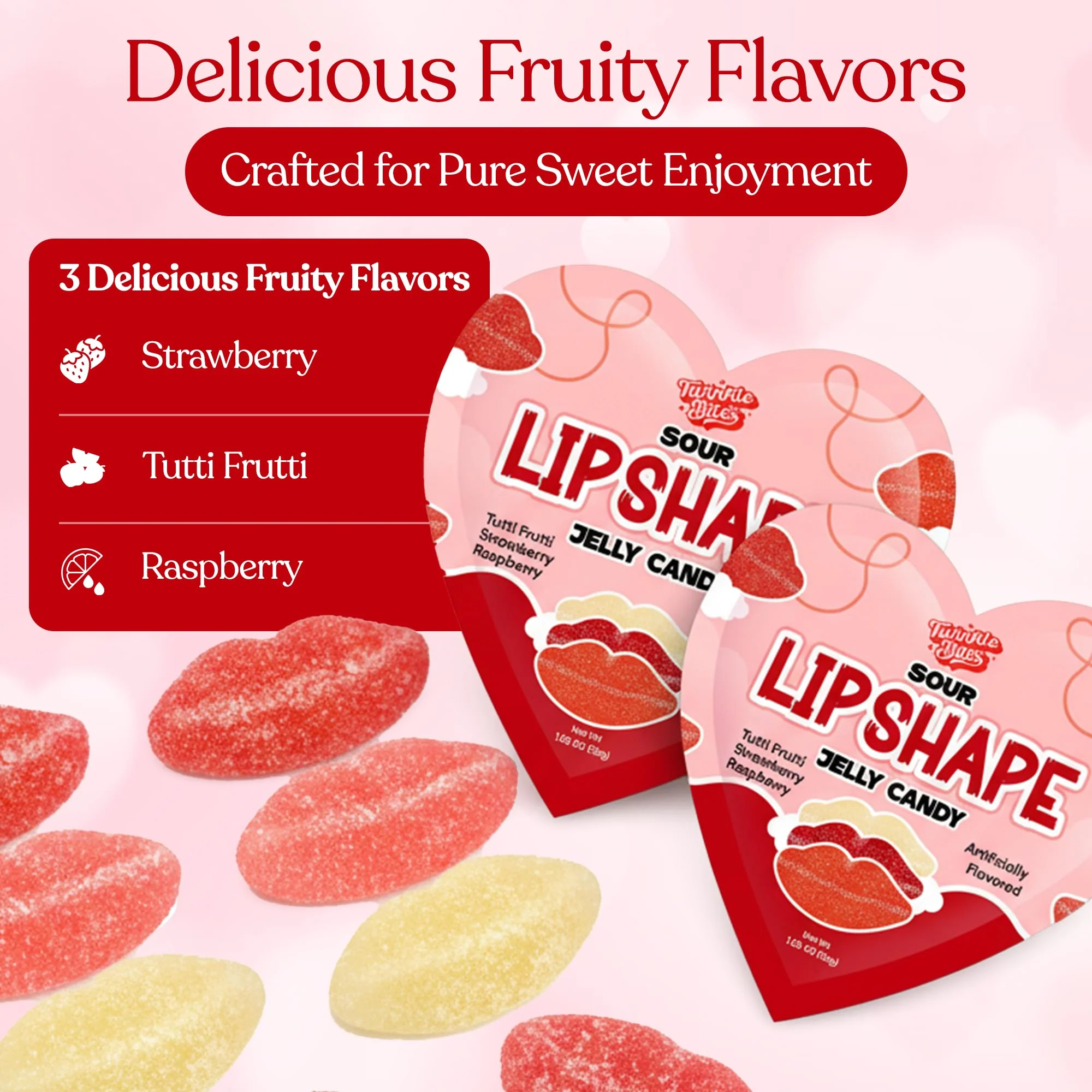 15 Pack Valentine’s Day Sour Pucker Gummy – Heart Shaped Packs with 5 Lip Candy in each Bag, Strawberry, Raspberry & Tutti Frutti Flavors, Valentine Candy Gift Box - Image 4
