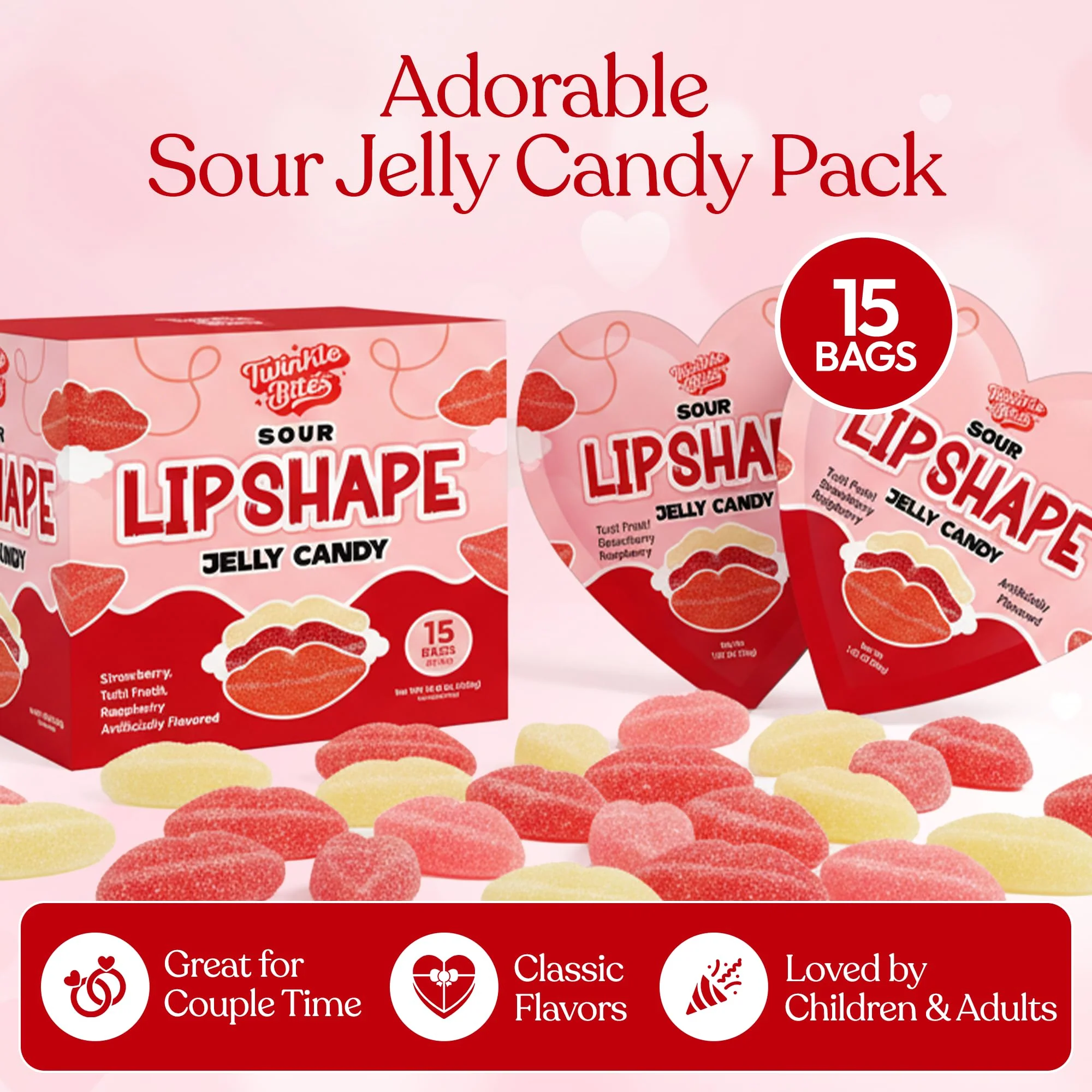 15 Pack Valentine’s Day Sour Pucker Gummy – Heart Shaped Packs with 5 Lip Candy in each Bag, Strawberry, Raspberry & Tutti Frutti Flavors, Valentine Candy Gift Box - Image 6