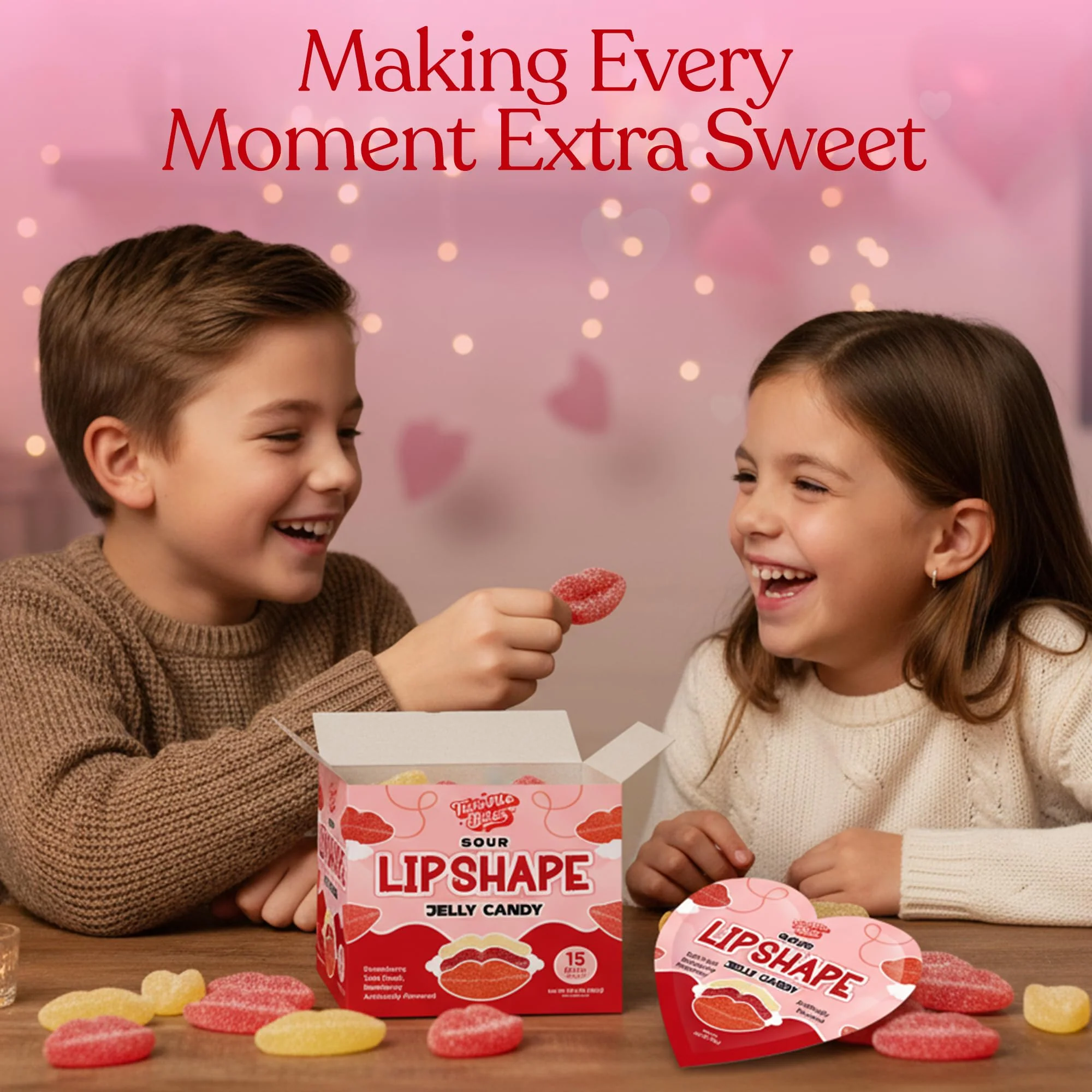 15 Pack Valentine’s Day Sour Pucker Gummy – Heart Shaped Packs with 5 Lip Candy in each Bag, Strawberry, Raspberry & Tutti Frutti Flavors, Valentine Candy Gift Box - Image 7