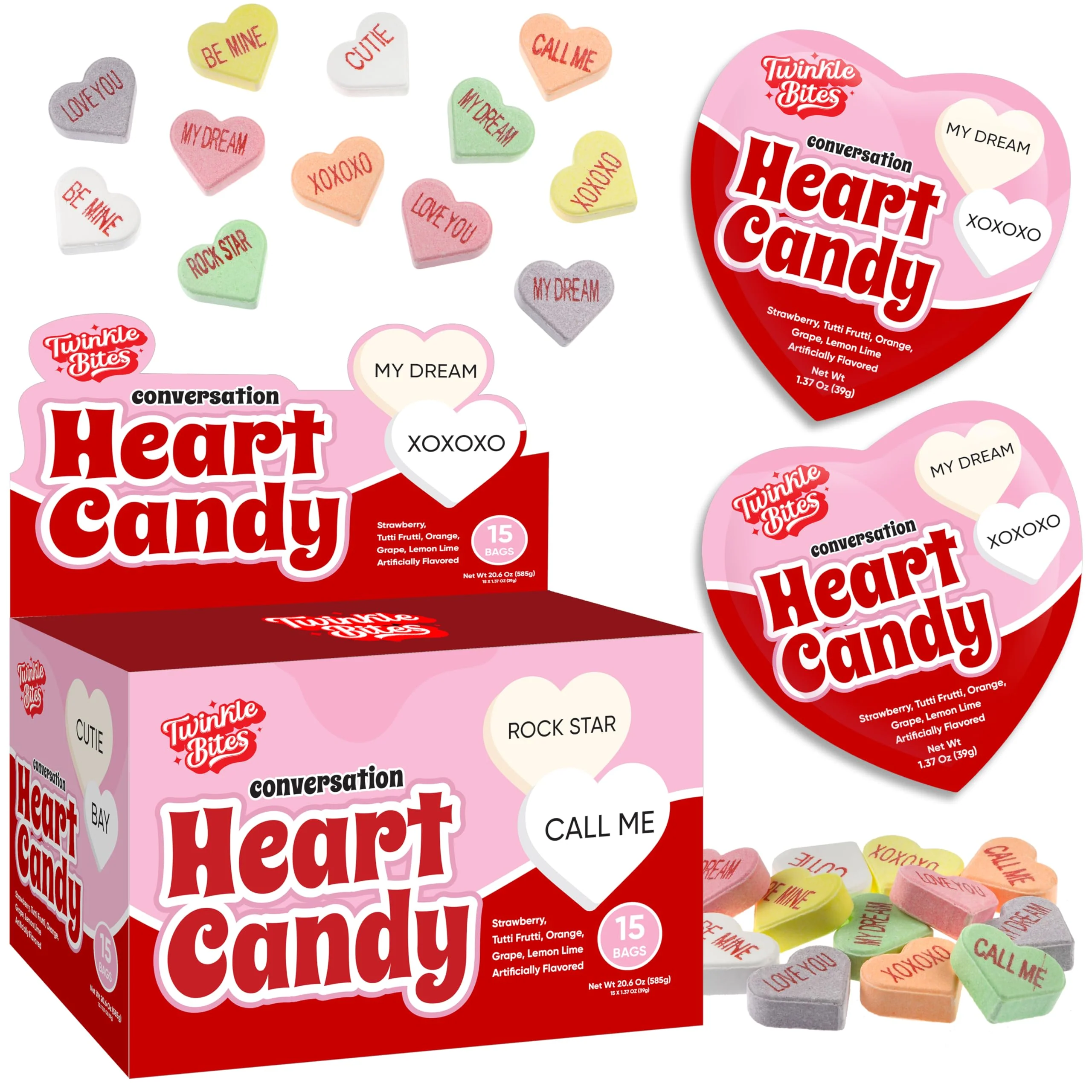 15 Pack Valentines Day Conversation Hearts – Heart Shaped Bags Filled With Cute Candy Messages – 5 Delicious Flavors – Bulk Heart Love Candies – 1.3 OZ Each Bag