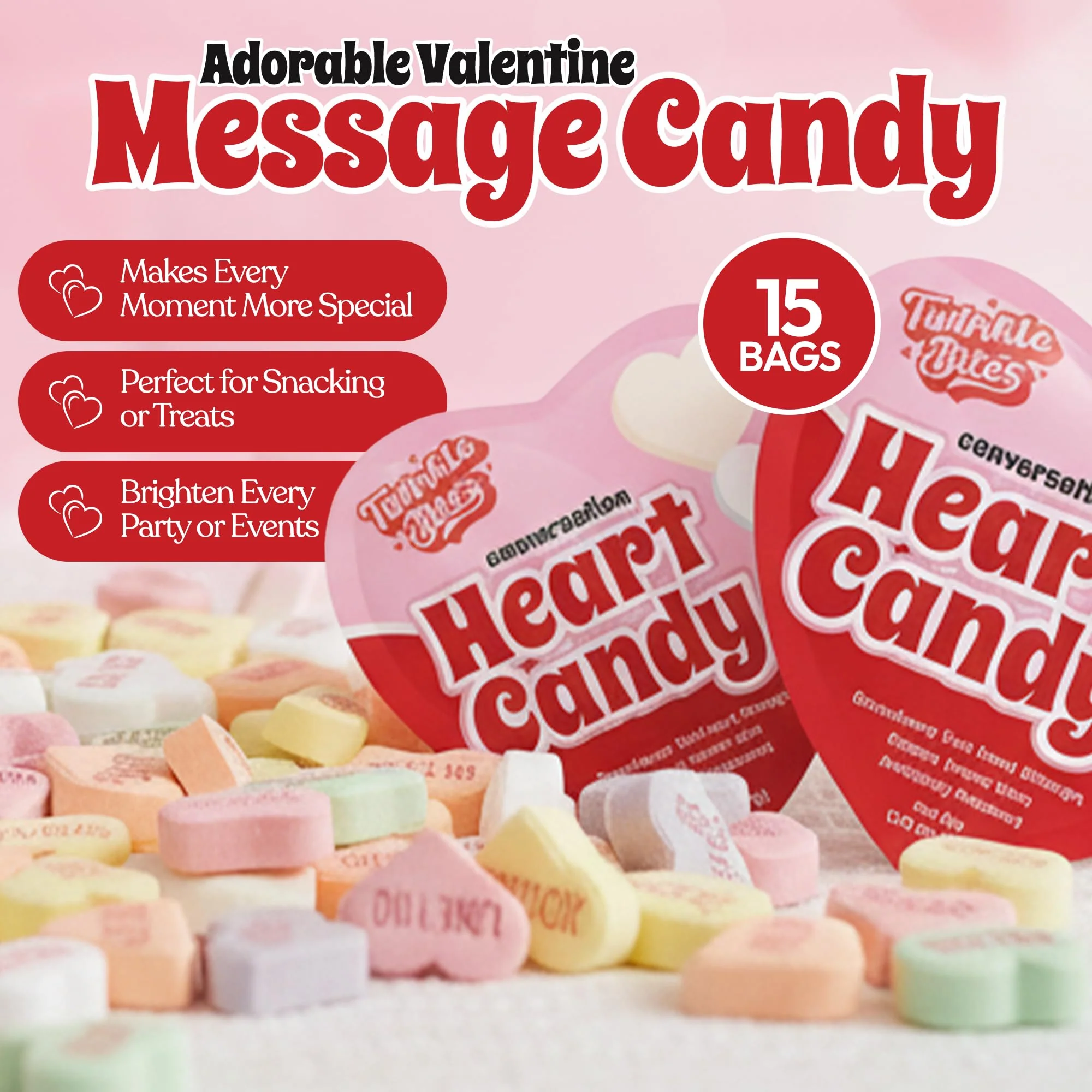 15 Pack Valentines Day Conversation Hearts – Heart Shaped Bags Filled With Cute Candy Messages – 5 Delicious Flavors – Bulk Heart Love Candies – 1.3 OZ Each Bag - Image 6