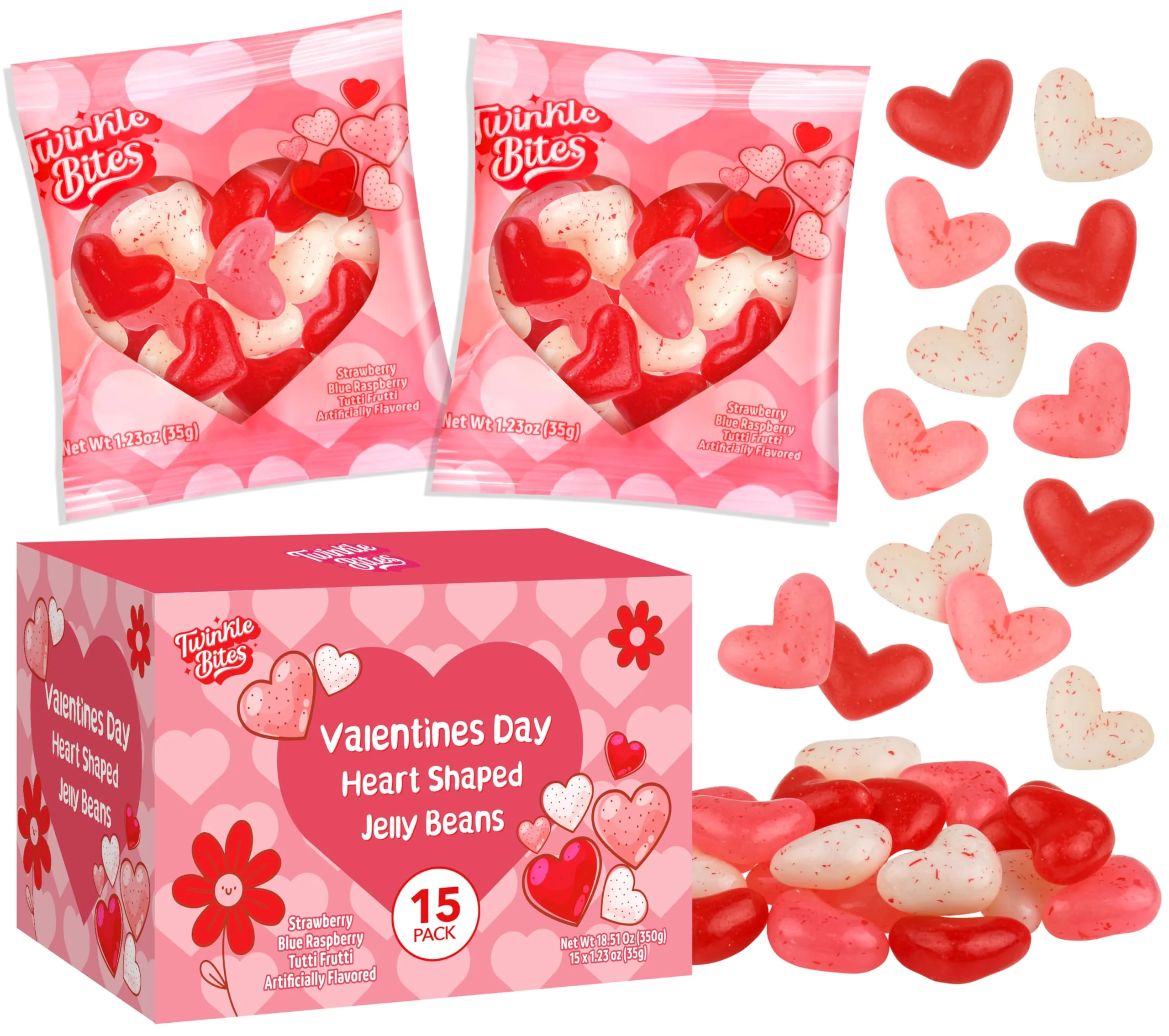 15 Pack Valentines Day Jelly Beans – Bulk Heart Shapead Candy – Strawberry, Tutti Frutti, Raspberry Delicious Flavors – Valentine Love Candie's