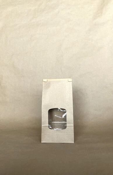 1lb Window Kraft Tin Tie Bag PLA Lined 4.25" x 2.5" x 9.5" 500cs ASTMD6400 - Disposable Take Away Food Packaging - Canadian Distribution