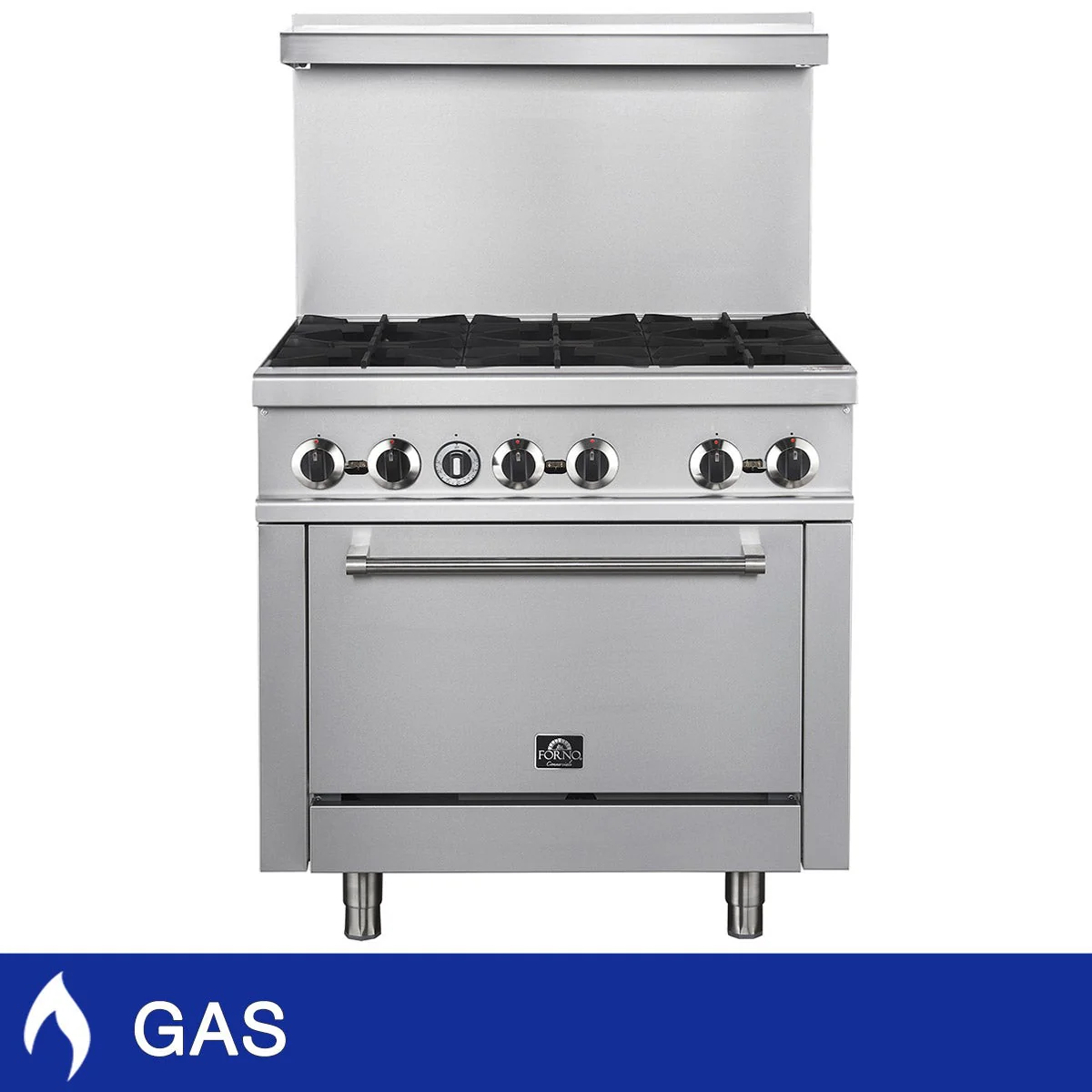 36 in 4.65 cu ft Stainless Steel Gas Commercial Range - 6 Burners - Built-In Backsplash - Forno - Restaurant Equipment and Smallwares - Canadian Distribution