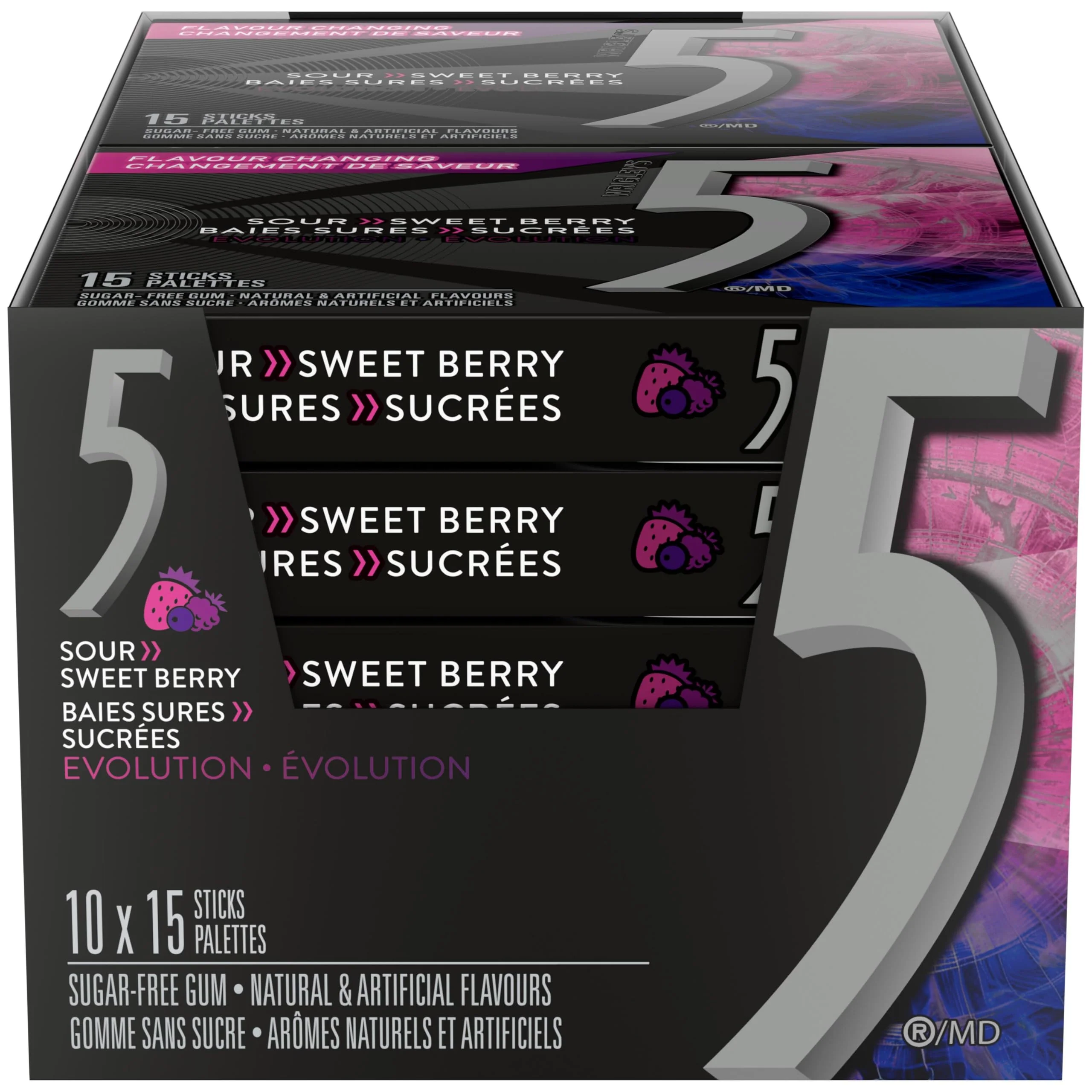 5 GUM Evolution Sour to Sweet Berry Flavor-Changing Sugar-Free Chewing Gum, 10 Packs of 15 Sticks - Canadian Distribution - Ships Free Within Canada on Orders Above CAD $199