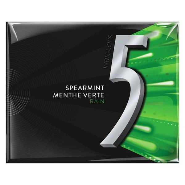 5 Sugar-free Rain Tingling Spearmint Gum - 40 x Packs of 15 - Wrigley’s - Canadian Distribution - Ships Free Within Canada on Orders Above CAD $199