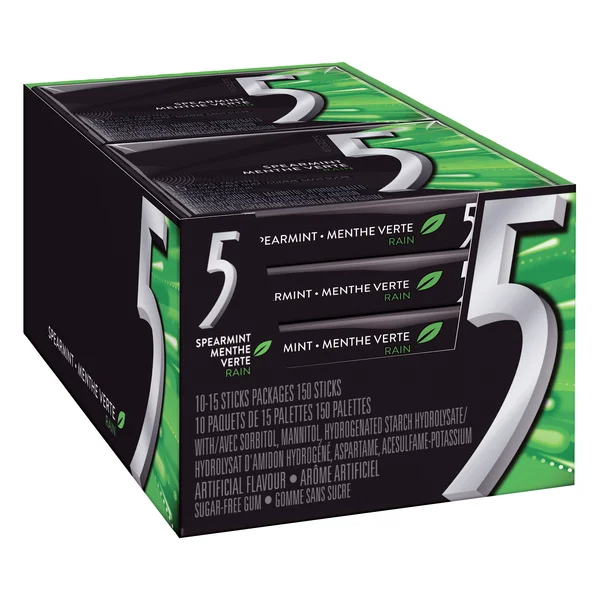 5 Sugar-free Rain Tingling Spearmint Gum - 40 x Packs of 15 - Wrigley’s - Canadian Distribution - Ships Free Within Canada on Orders Above CAD $199 - Image 2