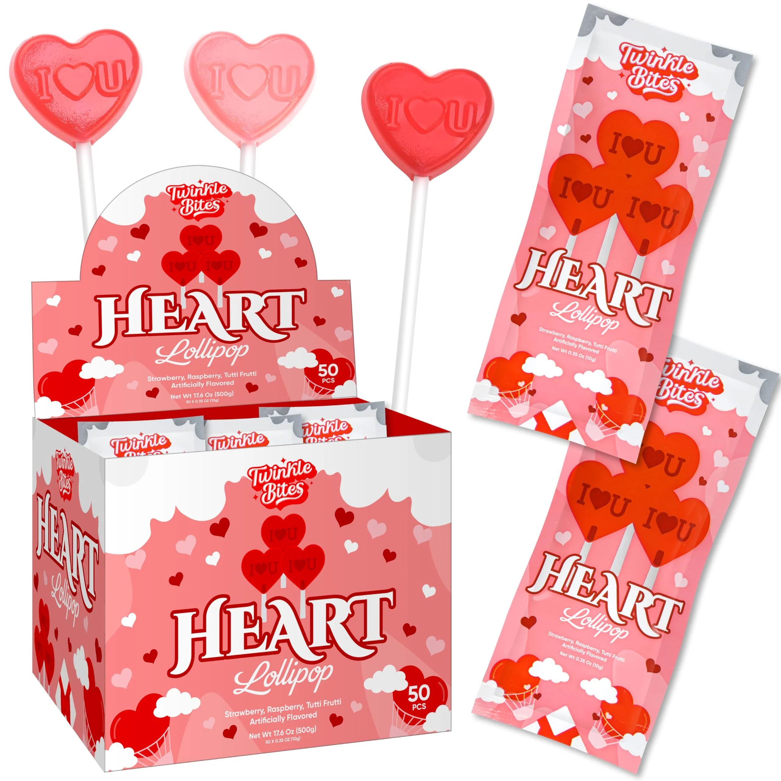 50 Pack Valentines Day Lollipops – Individually Wrapped Heart Suckers – Strawberry, Raspberry, Tutti Frutti Delicious Flavors