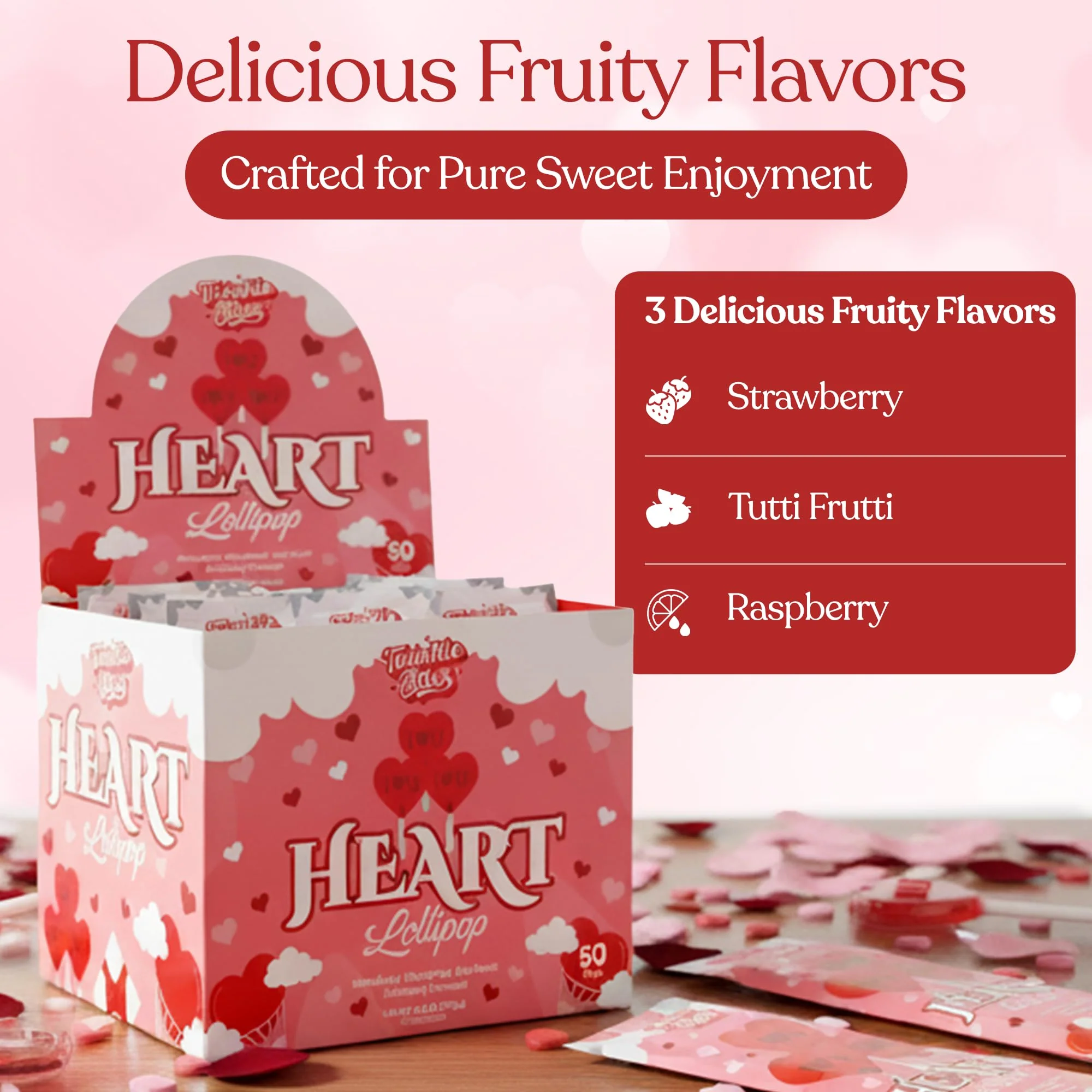 50 Pack Valentines Day Lollipops – Individually Wrapped Heart Suckers – Strawberry, Raspberry, Tutti Frutti Delicious Flavors - Image 3