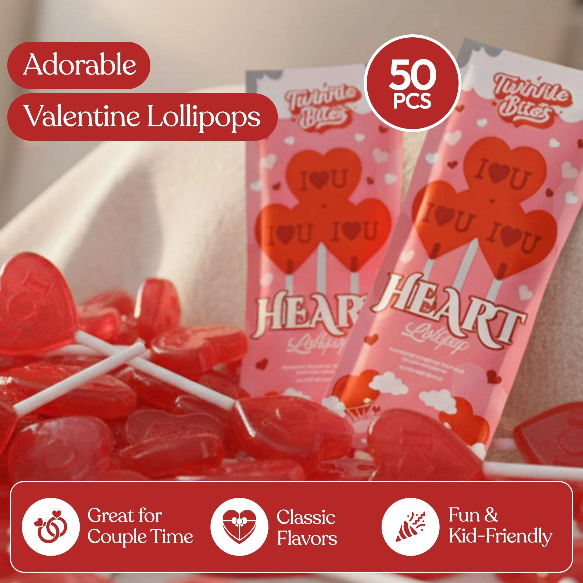 50 Pack Valentines Day Lollipops – Individually Wrapped Heart Suckers – Strawberry, Raspberry, Tutti Frutti Delicious Flavors - Image 5