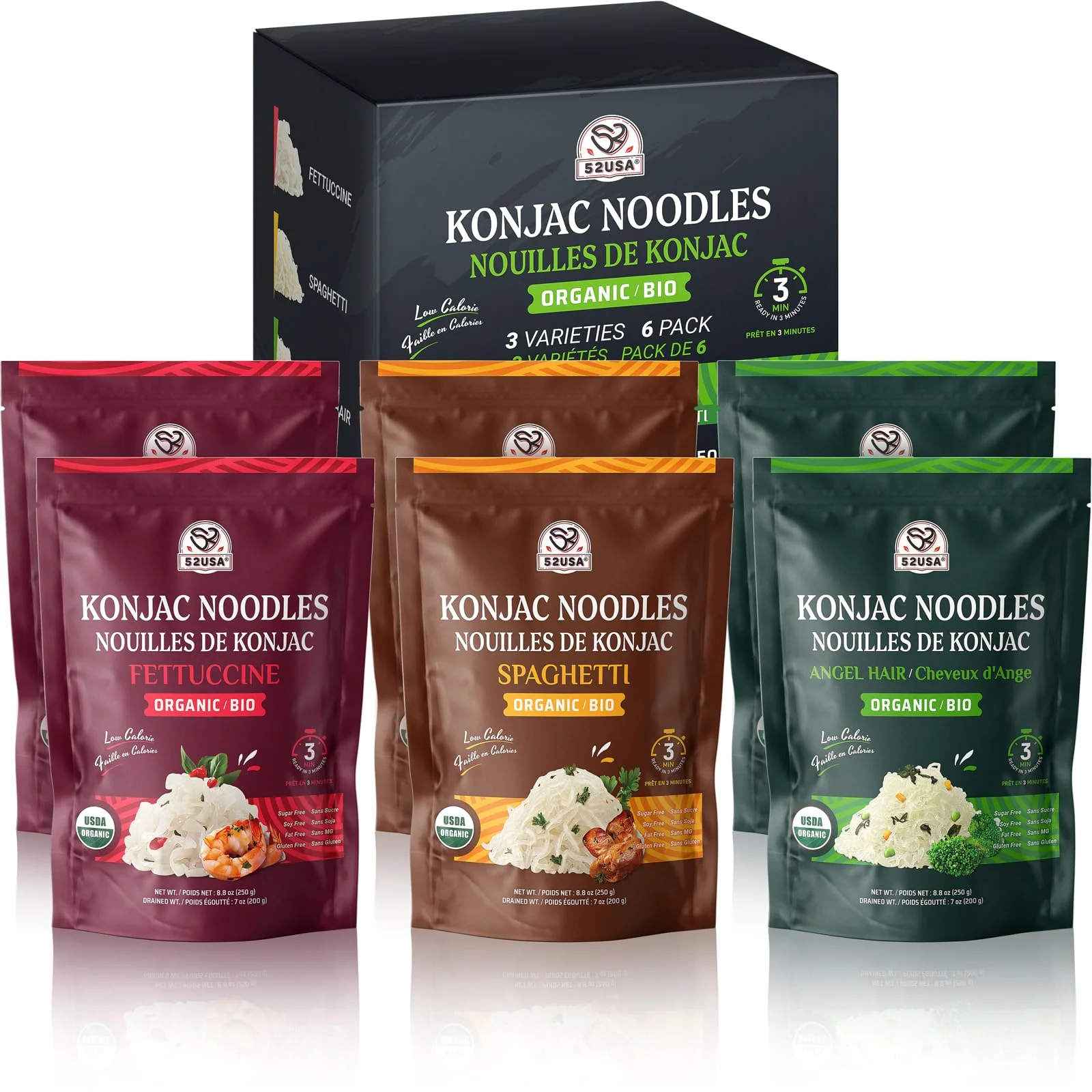 52USA – Organic Konjac Shirataki Noodle – Angel Hair Fettuccine Variety Pack – 1500g 6 Pack – Low carb keto friendly - Canadian Distribution - Ships Free Within Canada on Orders Above CAD $199