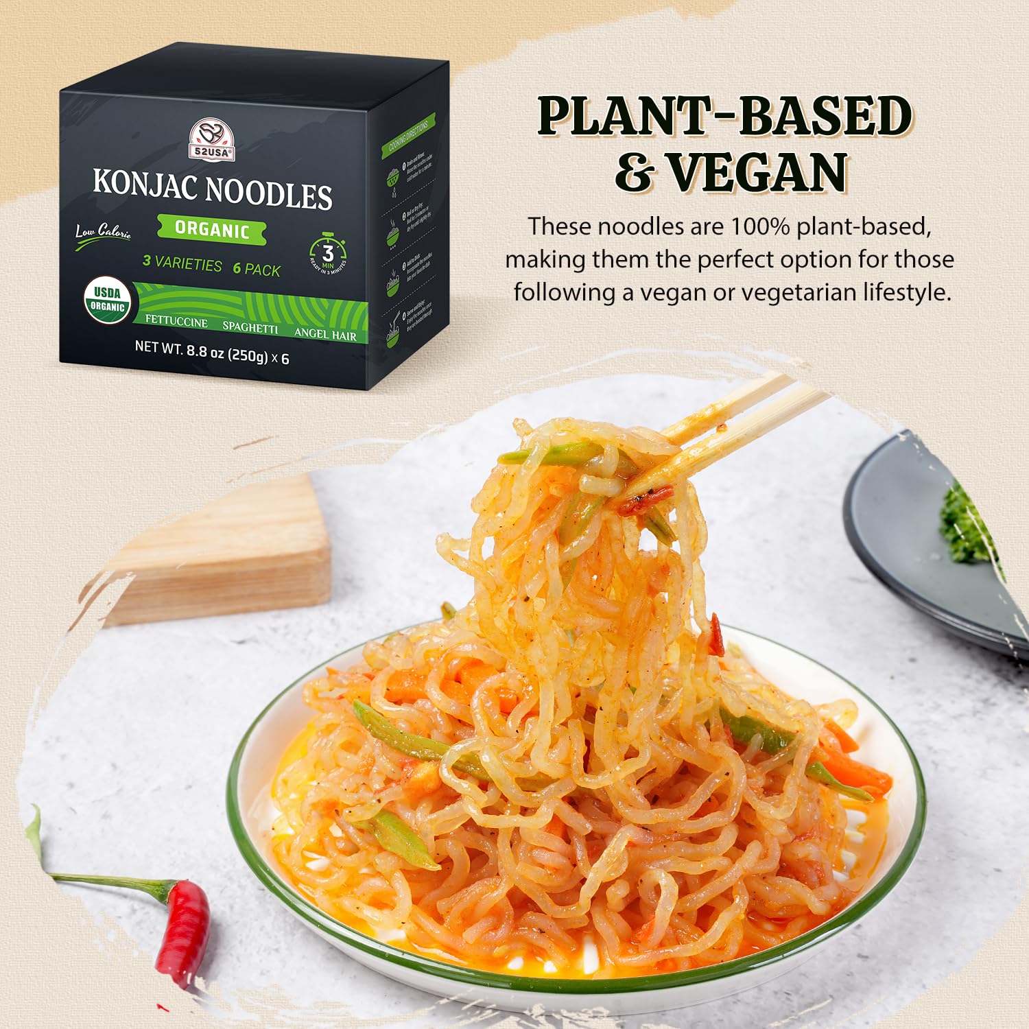 52USA – Organic Konjac Shirataki Noodle – Angel Hair Fettuccine Variety Pack – 1500g 6 Pack – Low carb keto friendly - Canadian Distribution - Ships Free Within Canada on Orders Above CAD $199 - Image 3
