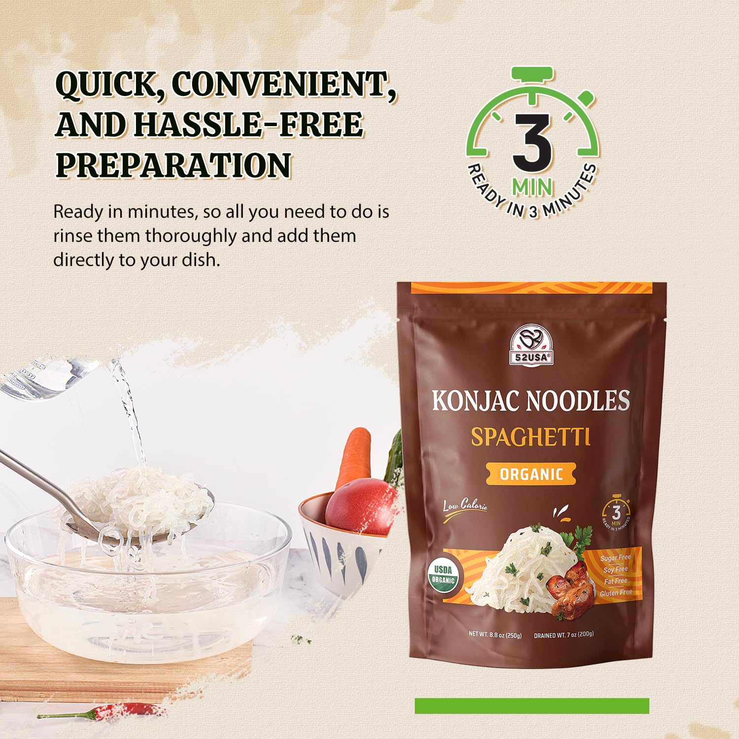 52USA – Organic Konjac Shirataki Noodle – Angel Hair Fettuccine Variety Pack – 1500g 6 Pack – Low carb keto friendly - Canadian Distribution - Ships Free Within Canada on Orders Above CAD $199 - Image 6