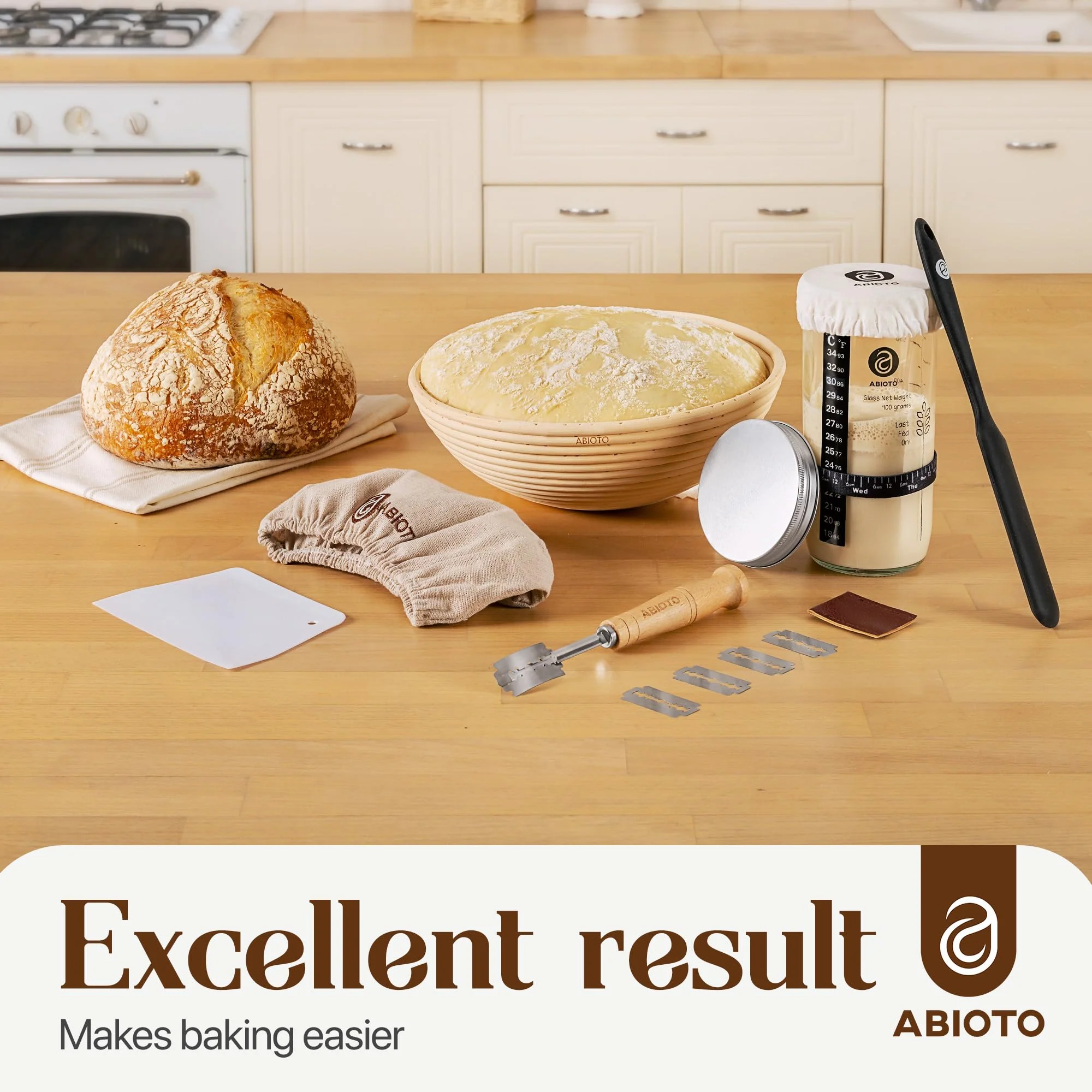 ABIOTO Sourdough Starter Kit - 9" Banneton Basket, 24oz Glass Jar & Complete Bread Baking Tools - Canadian Distribution - Ships Free Within Canada on Orders Above CAD $199 - Image 2