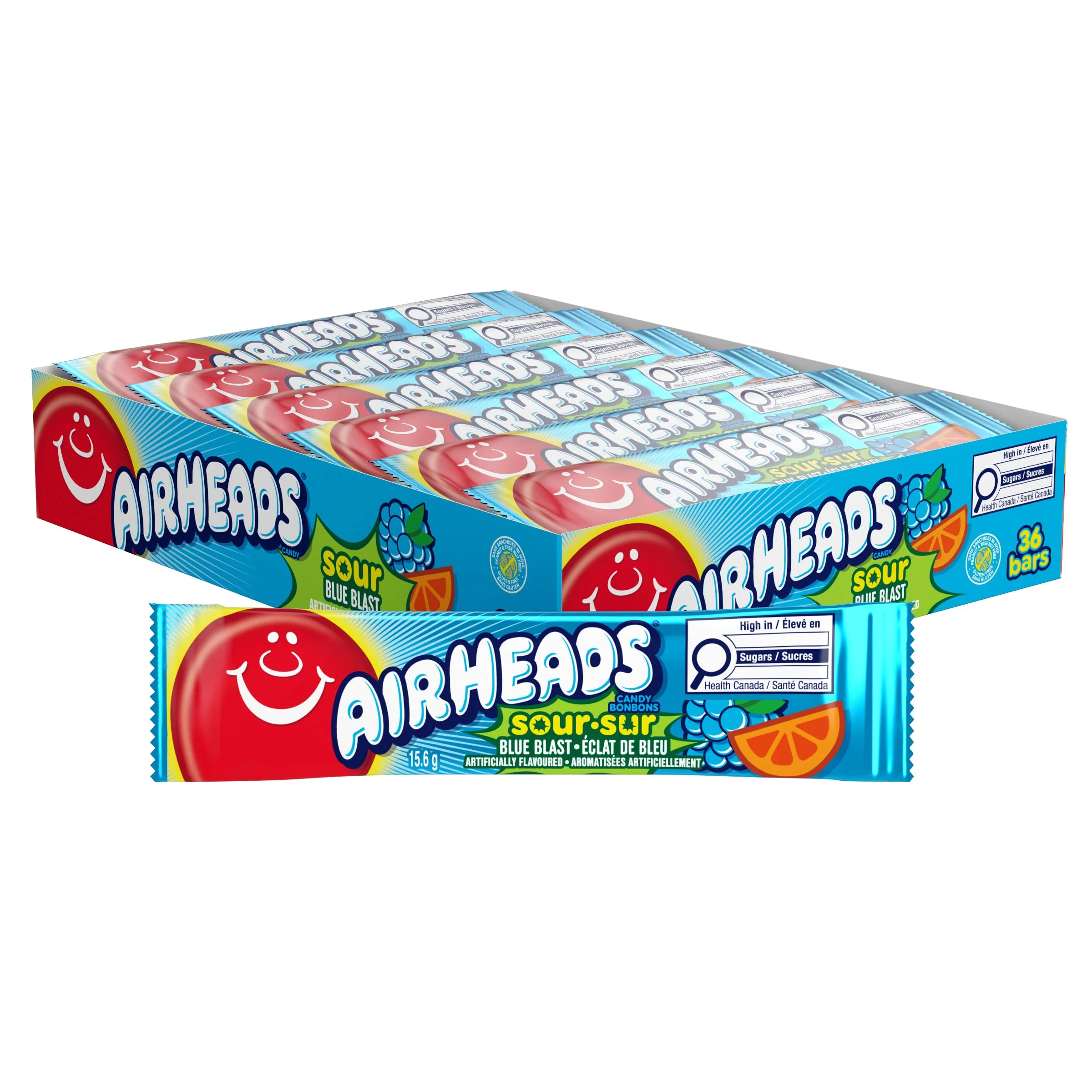 Airheads Sour Blue Blast Candy Bars - 2 x Pack of 36 (15.6g Each) - Canadian Distribution - Ships Free Within Canada on Orders Above CAD $199