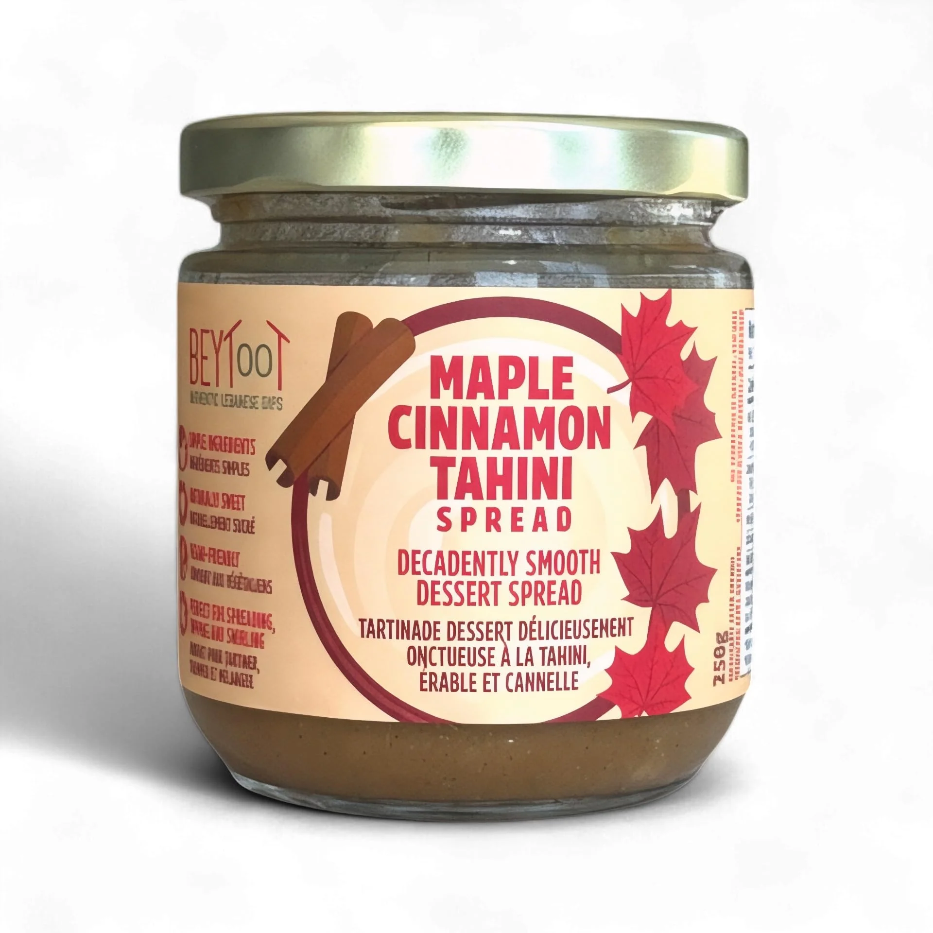 Beytoot Maple Cinnamon Tahini Spread – Creamy Sesame Spread with Pure Maple Syrup – Vegan, No Refined Sugar – 250g Glass Jar - Canadian Distribution - Ships Free Within Canada on Orders Above CAD $199