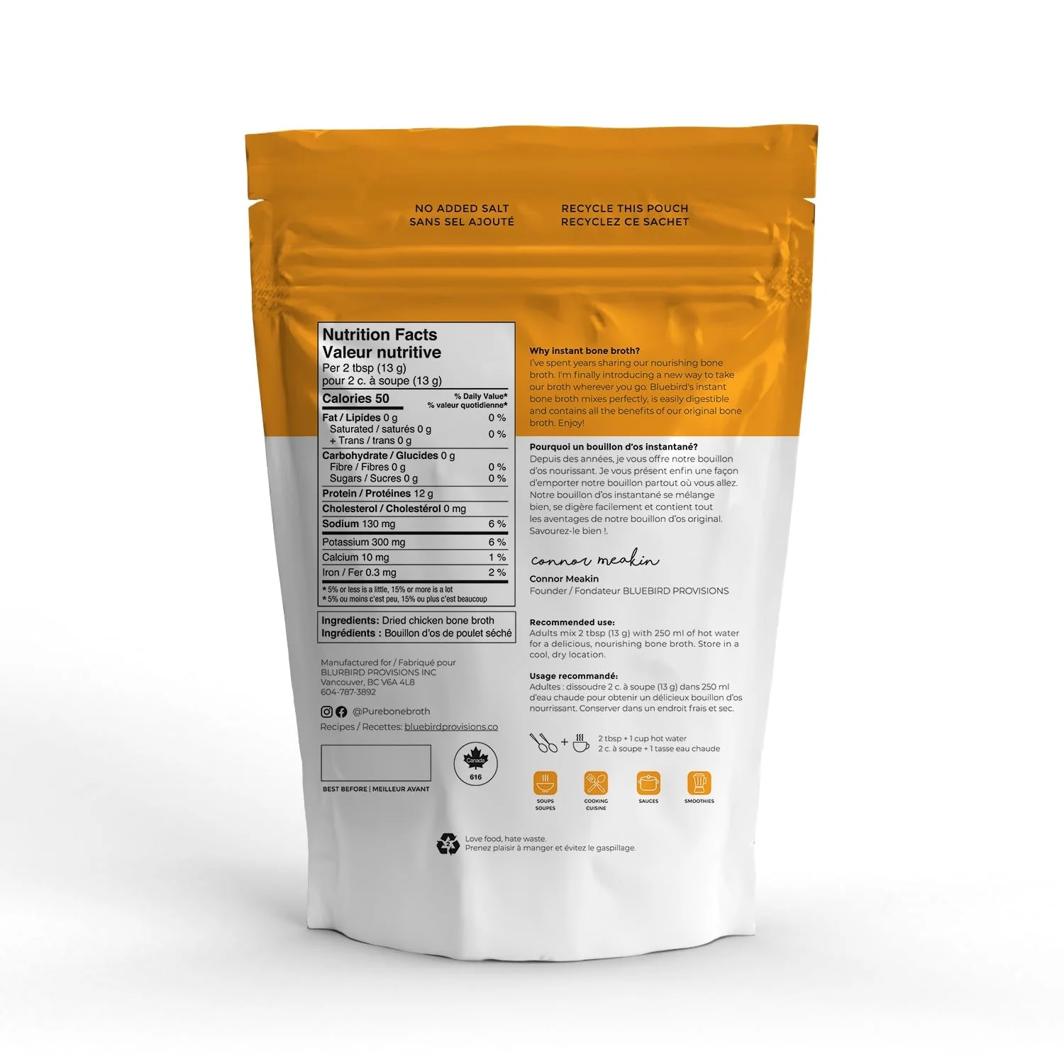 Bluebird Provisions – Chicken Bone Broth Powder – Original – Low sodium - Canadian Distribution - Ships Free Within Canada on Orders Above CAD $199 - Image 3