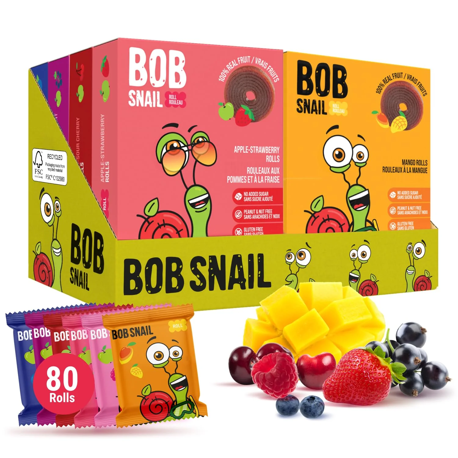 Bob Snail - Fruit Roll Ups - No Added Sugar - Bulk 80 Pieces (800g) - Canadian Distribution - Ships Free Within Canada on Orders Above CAD $199