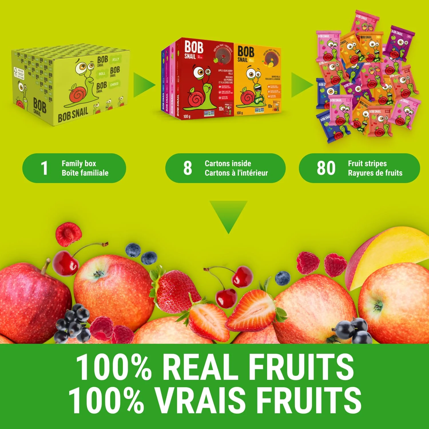 Bob Snail - Fruit Roll Ups - No Added Sugar - Bulk 80 Pieces (800g) - Canadian Distribution - Ships Free Within Canada on Orders Above CAD $199 - Image 2