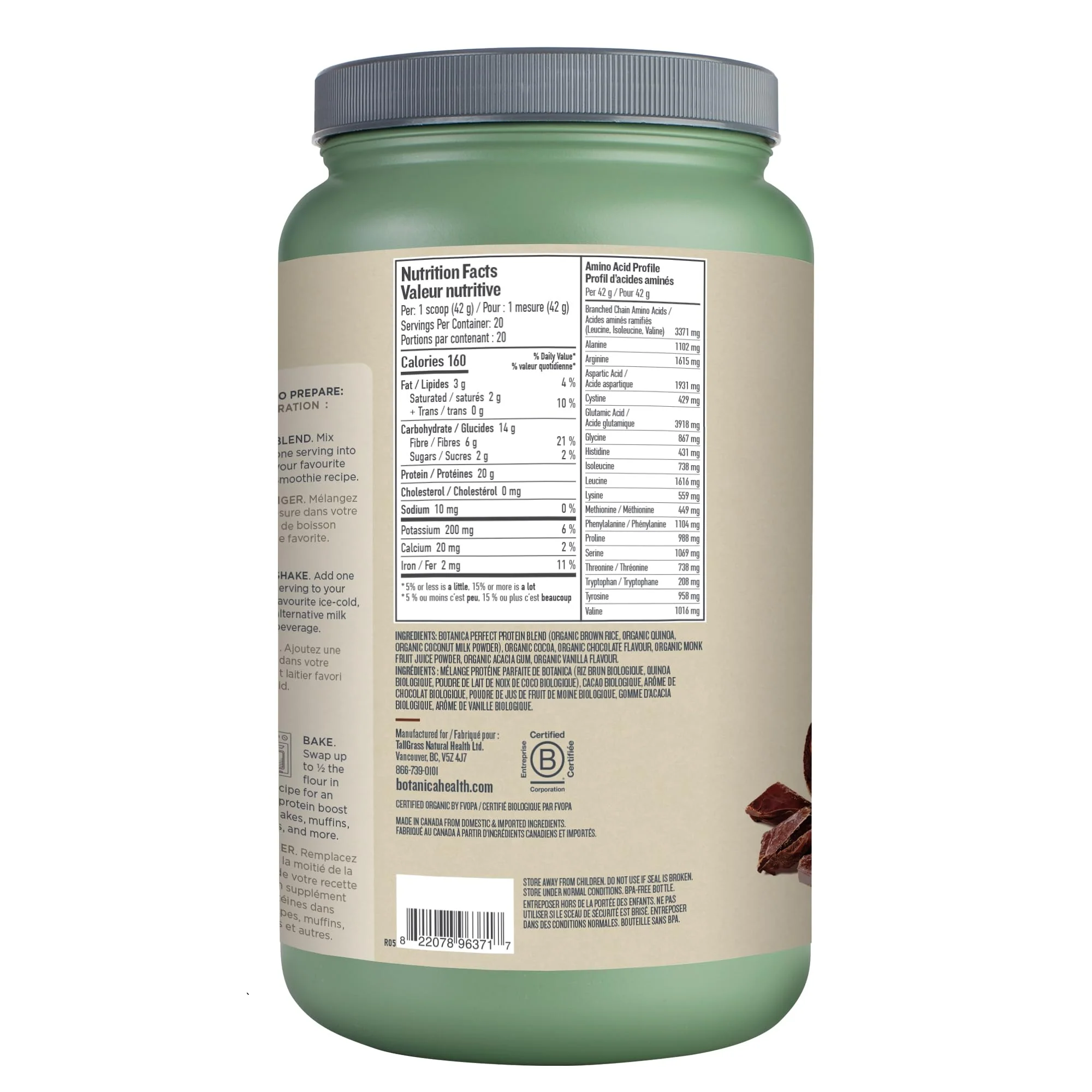 Botanica – Perfect Protein Powder – Chocolate – 840g – Vegan stevia free - Canadian Distribution - Ships Free Within Canada on Orders Above CAD $199 - Image 7