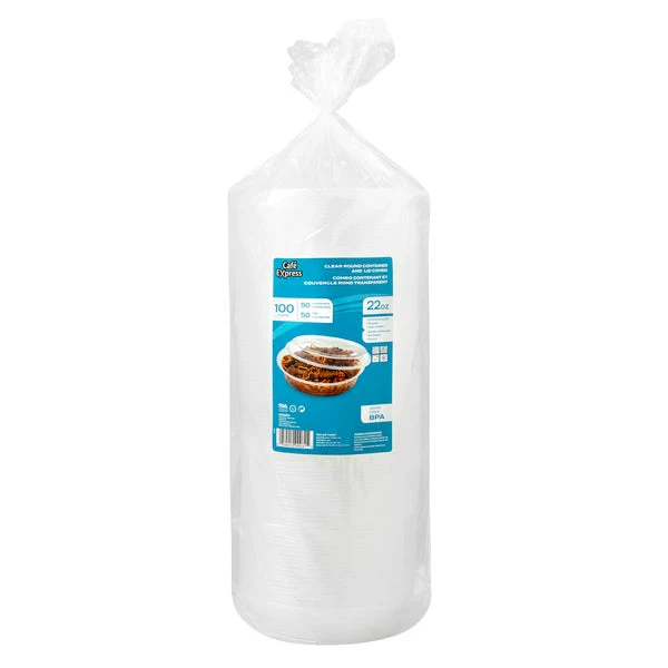 Café Express 22-oz Round Containers with Lids - Pack of 50  - Disposables, Restaurant Packaging and Take-Out Supplies - Canadian Distribution - Ships Free Within Canada on Orders Above CAD $199