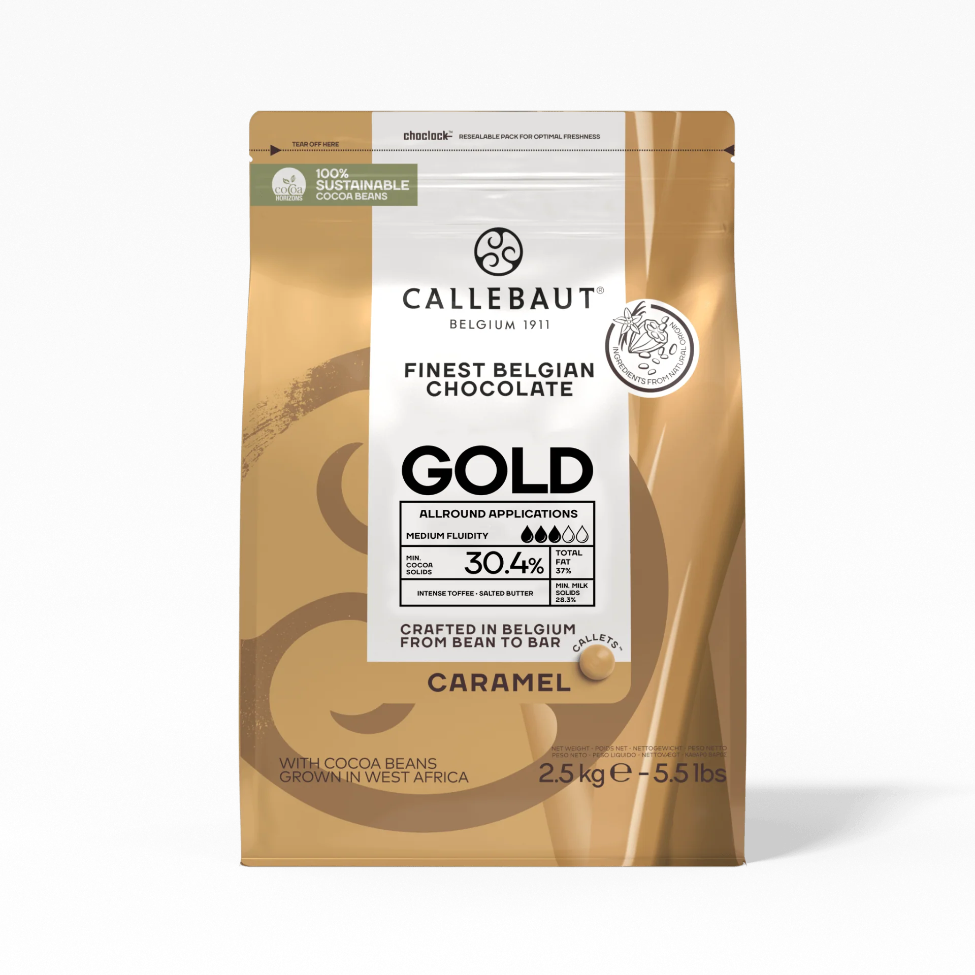 CALLEBAUT - Gold White Chocolate Callets Caramel Taste - Couvertures - 2.5KG Bag - Case of 4 x 2.5KG - Barry Callebaut Canadian Distribution - Ships Free Within Canada on Orders Above CAD $199