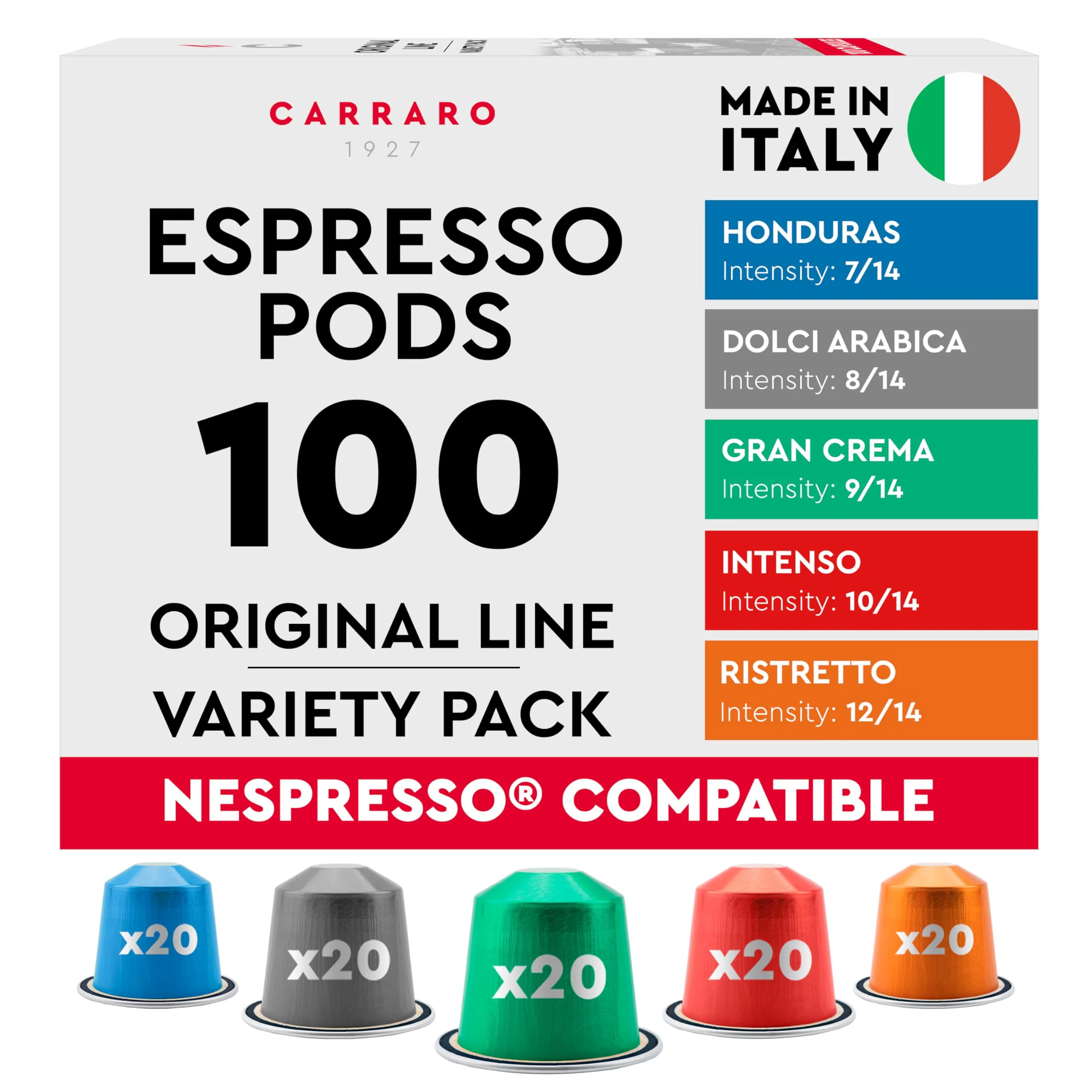 CARRARO 1927 - Coffee Pods Variety Pack - 100 Aluminum - Nespresso Original Compatible - Canadian Distribution - Ships Free Within Canada on Orders Above CAD $199