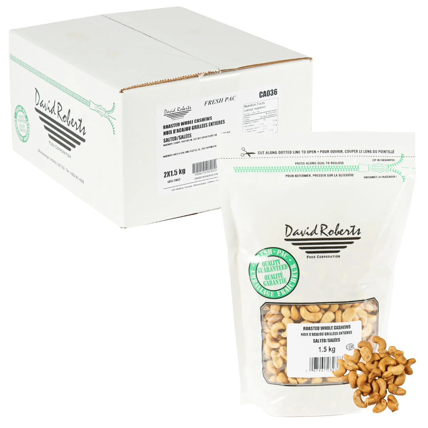 Cashew Whole Roasted Salted - 2 x 1.5 kg - David Roberts - Restaurant and Foodservice Ingredients - Canadian Distribution - Ships Free Within Canada on Orders Above CAD $199