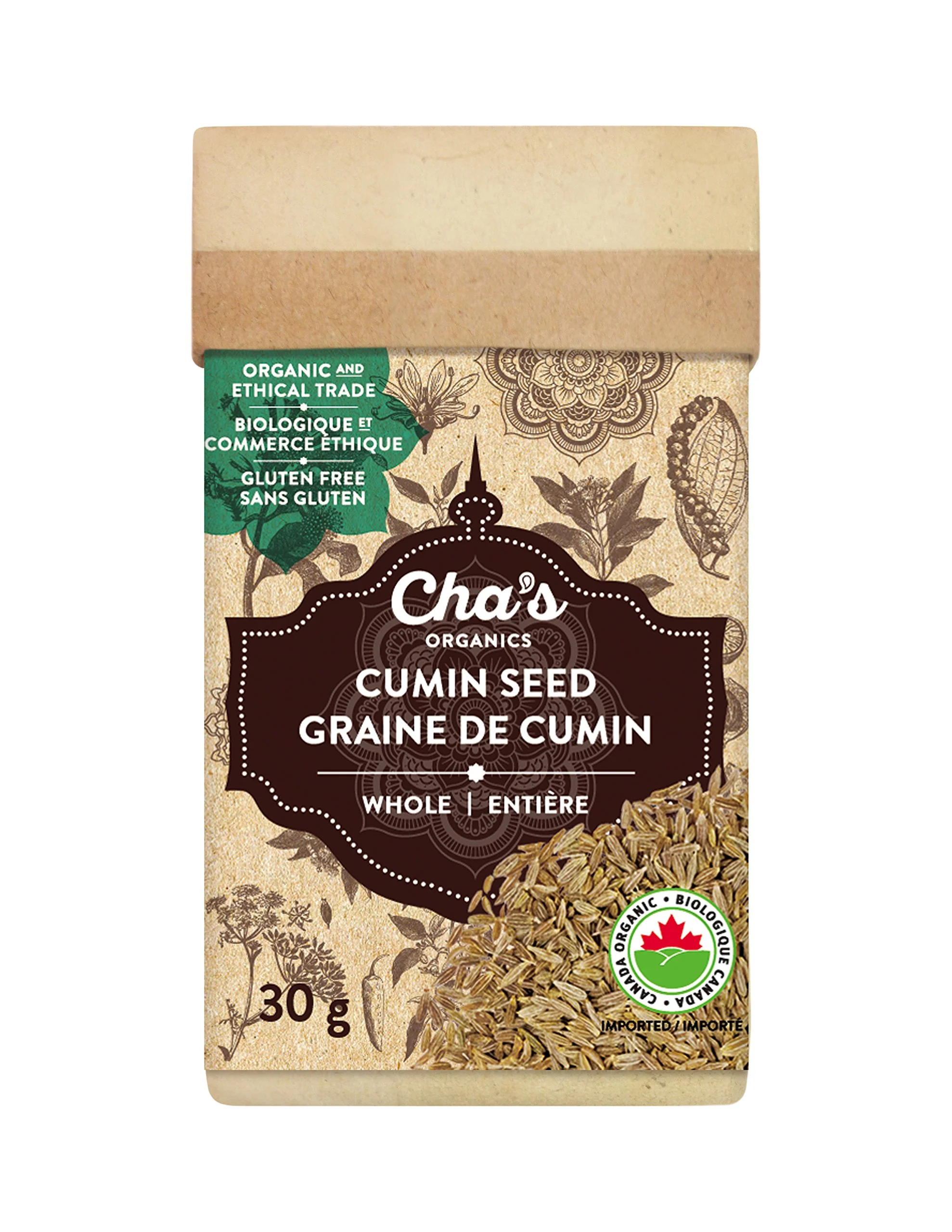 CHA'S ORGANIC Whole Cumin Seeds - 30g - Canadian Distribution - Ships Free Within Canada on Orders Above CAD $199