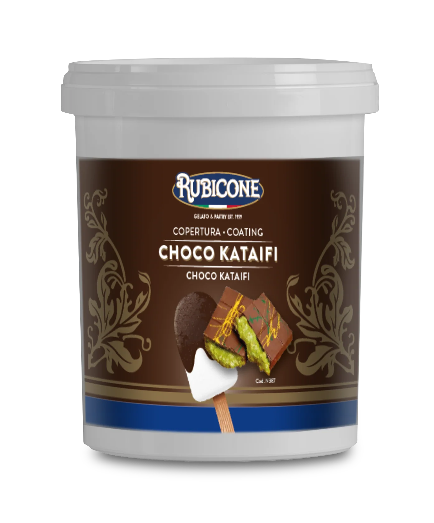Choco Kataifi (Dubai Chocolate) Dark Chocolate Cone Dip Coating - Vegan - 1.5 KG Bucket - Rubicone Canada - Made in Italy - Ships Free Within Canada on Orders Above CAD $199