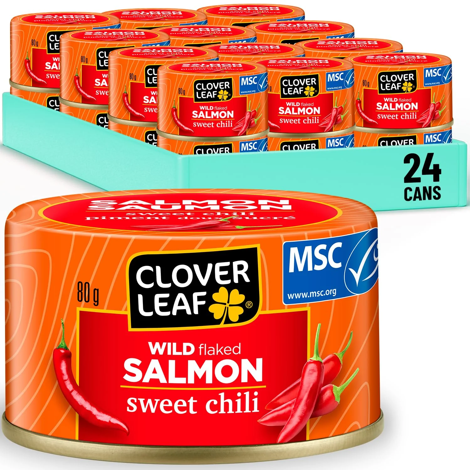 Clover Leaf Wild Flaked Salmon Sweet Chili, 80g, 24 Easy-Peel Cans - High Protein Canned Pink Salmon with Omega-3 & Vitamin D - Canadian Distribution - Ships Free Within Canada on Orders Above CAD $199