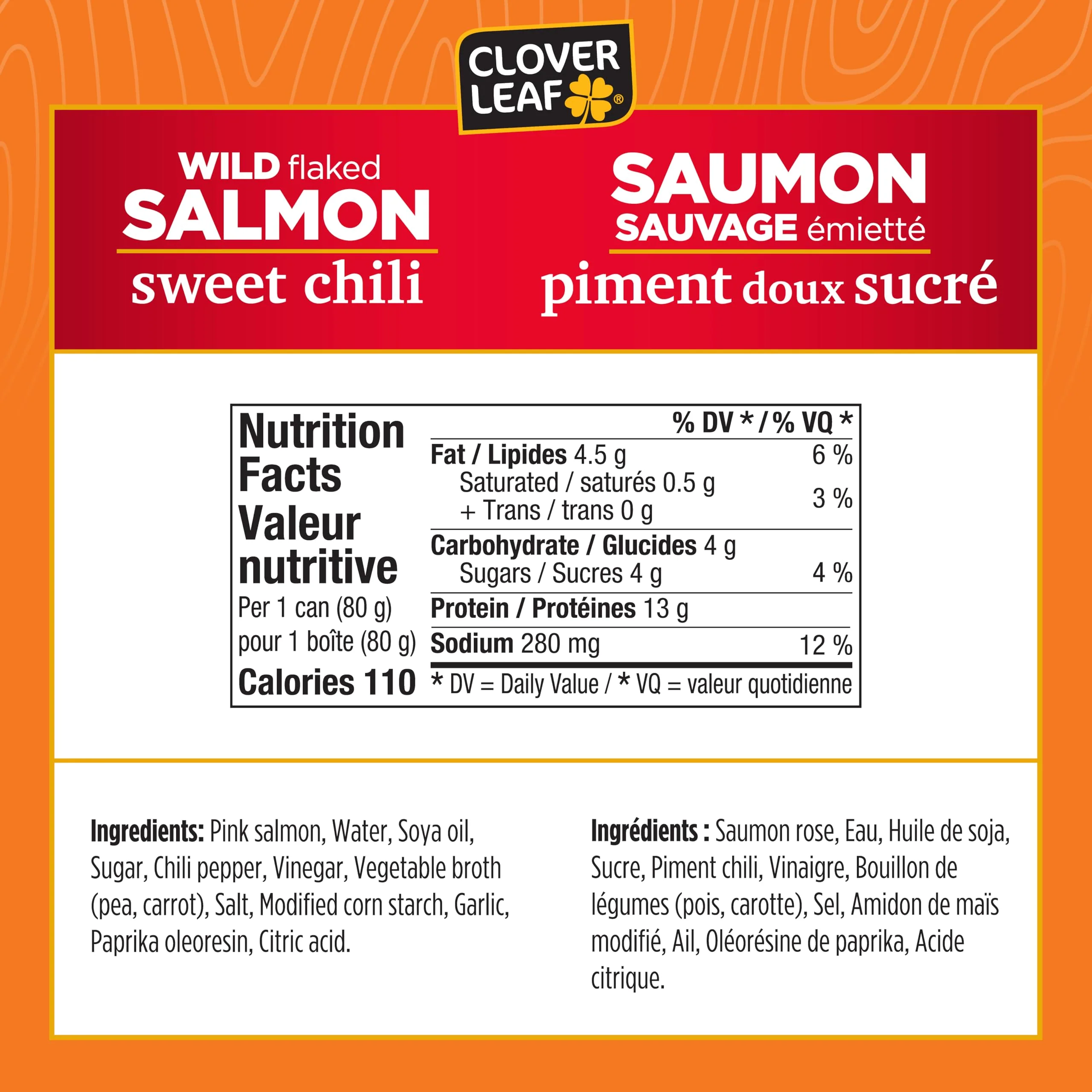 Clover Leaf Wild Flaked Salmon Sweet Chili, 80g, 24 Easy-Peel Cans - High Protein Canned Pink Salmon with Omega-3 & Vitamin D - Canadian Distribution - Ships Free Within Canada on Orders Above CAD $199 - Image 4
