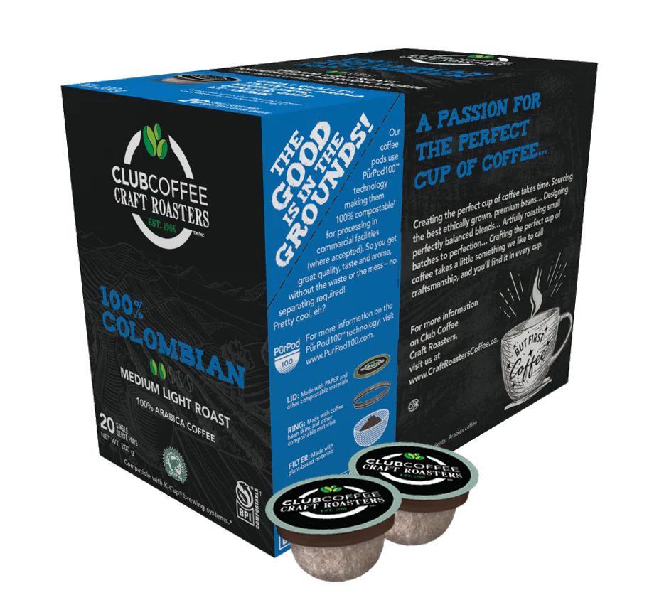 Club Coffee Craft Roasters | 100% Colombian Single Serve Pods | Medium Light Roast | 120 Count (20 Count, Pack of 6) | Compostable Coffee Pods | Keurig Brewer Compatible | Rainforest Alliance Certified - Ships Free Within Canada on Orders Above CAD $199