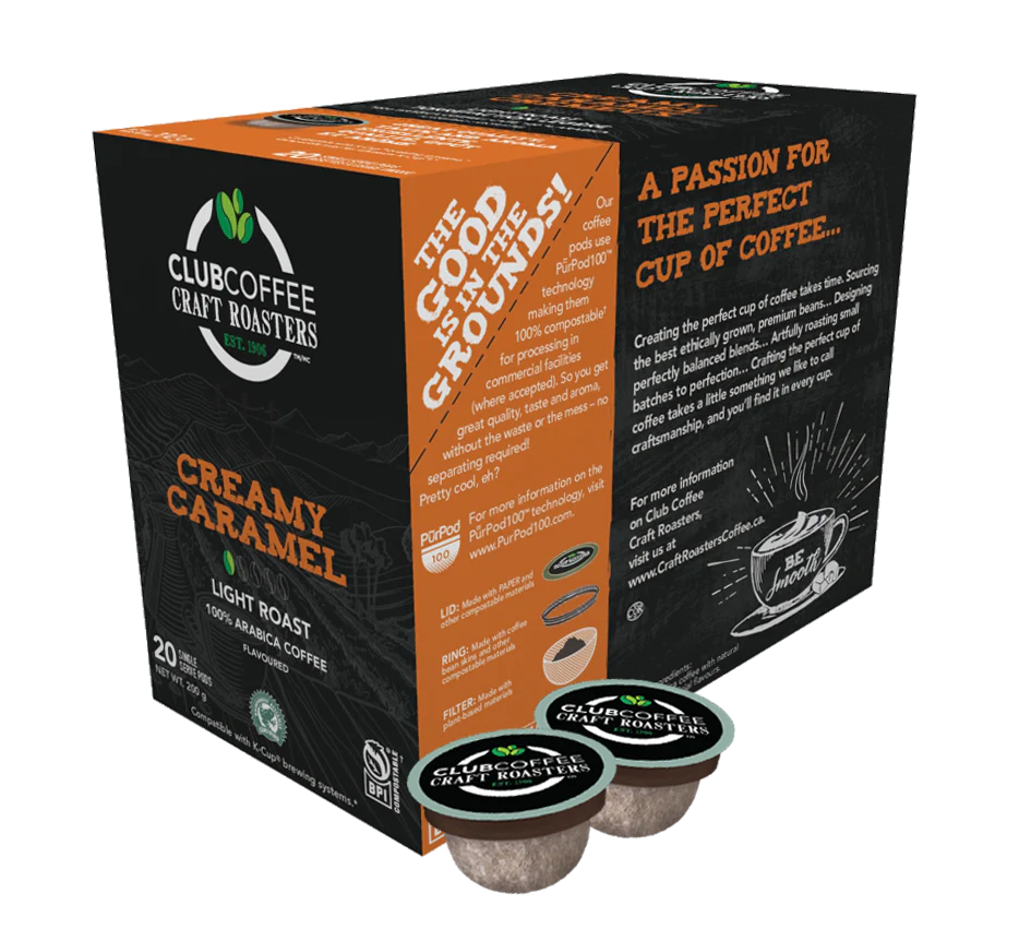 Club Coffee Craft Roasters | Creamy Caramel Single Serve Pods | 120 Count (20 Count, Pack of 6) | Compostable Coffee Pods | Keurig Brewer Compatible | Rainforest Alliance Certified - Ships Free Within Canada on Orders Above CAD $199