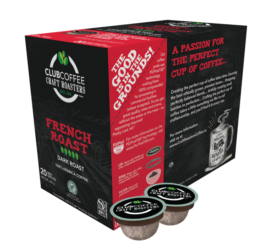 Club Coffee Craft Roasters | French Roast Single Serve Pods | 120 Count (20 Count, Pack of 6) | Compostable Coffee Pods | Keurig Brewer Compatible | Rainforest Alliance Certified - Ships Free Within Canada on Orders Above CAD $199