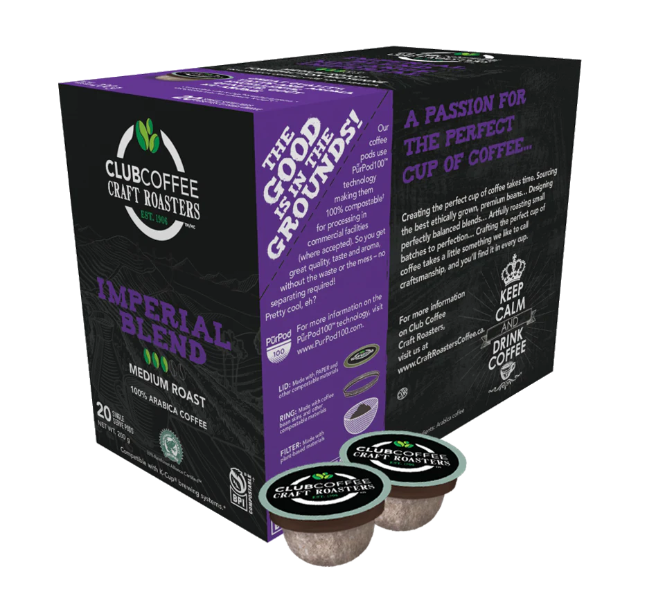 Club Coffee Craft Roasters | Imperial Blend Single Serve Pods | Medium Roast | 120 Count (20 Count, Pack of 6) | Compostable Coffee Pods | Keurig Brewer Compatible | Rainforest Alliance Certified - Ships Free Within Canada on Orders Above CAD $199