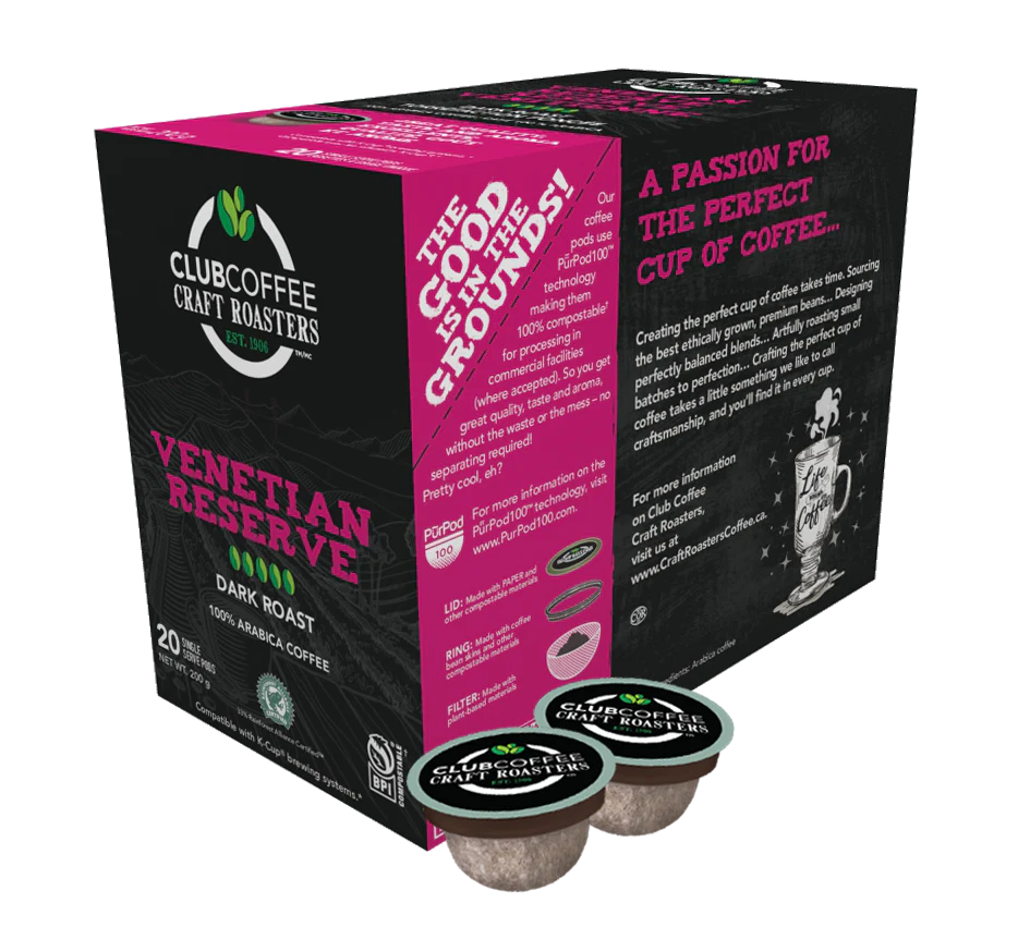 Club Coffee Craft Roasters | Venetian Reserve Single Serve Pods | Dark Roast | 120 Count (20 Count, Pack of 6) | Compostable Coffee Pods | Keurig Brewer Compatible | Rainforest Alliance Certified - Ships Free Within Canada on Orders Above CAD $199