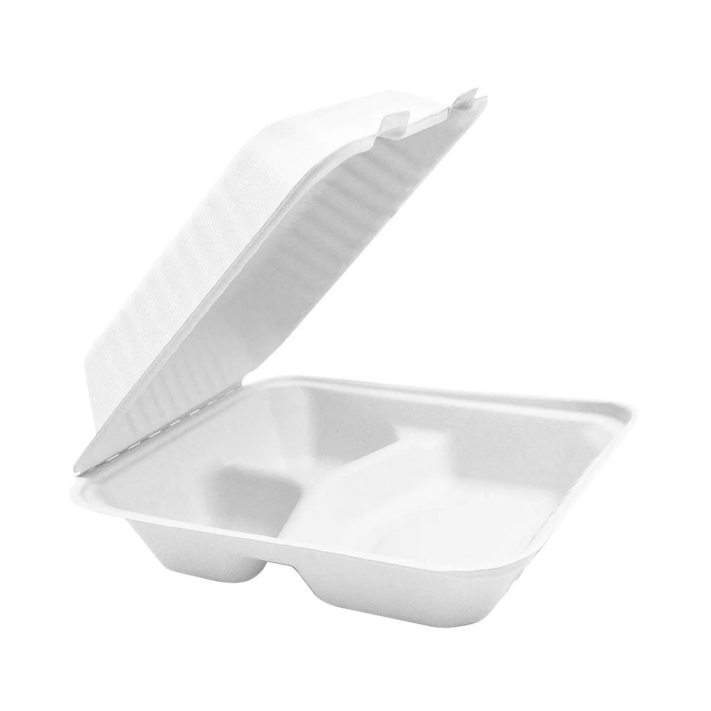 Compostable Hinged Containers with Compartments - 200 containers per case - Sold By The Case
