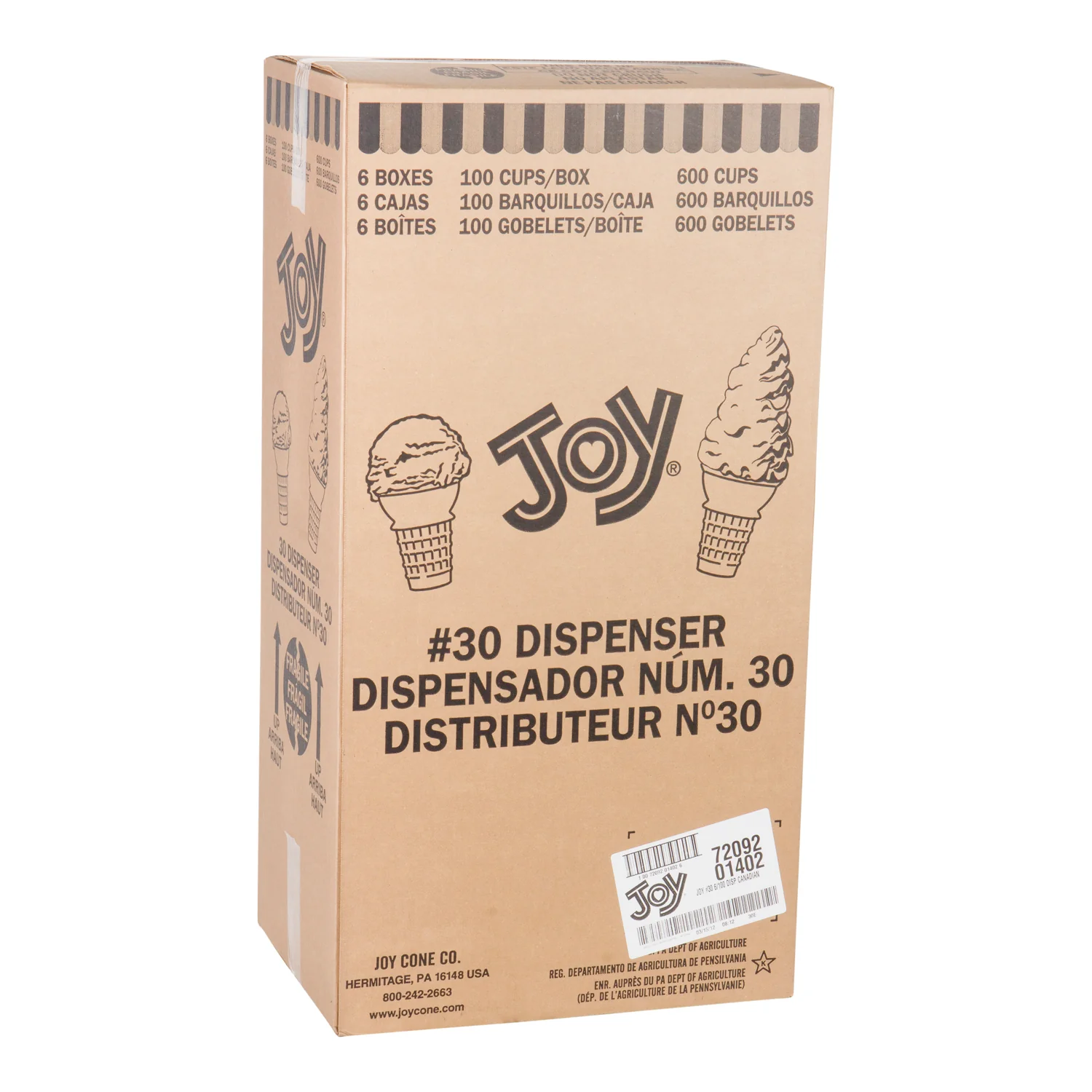 Cone Ice Cream Dispenser #30 - 6 x 100 count - Joy - Restaurant and Foodservice Ingredients - Canadian Distribution - Ships Free Within Canada on Orders Above CAD $199