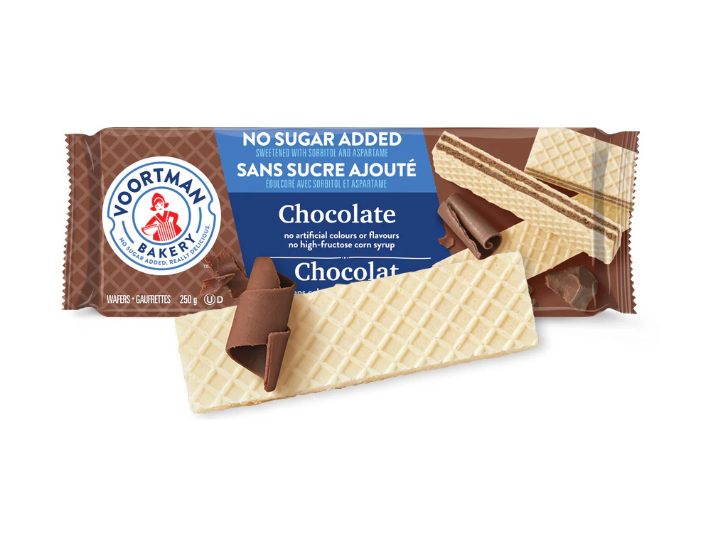 Cookie Chocolate Wafer Sugar-Free - 12 x 250 g - Voortman - Restaurant and Foodservice Ingredients - Canadian Distribution - Ships Free Within Canada on Orders Above CAD $199