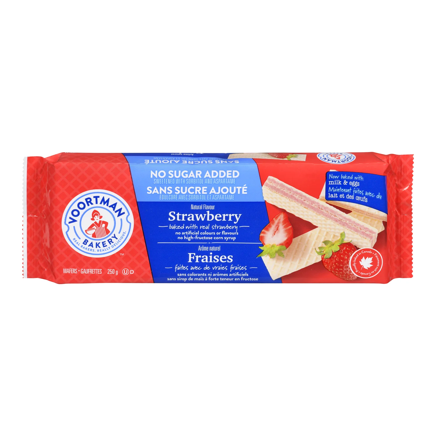 Cookie Strawberry Wafer Sugar-Free - 12 x 250 g - Voortman - Restaurant and Foodservice Ingredients - Canadian Distribution - Ships Free Within Canada on Orders Above CAD $199