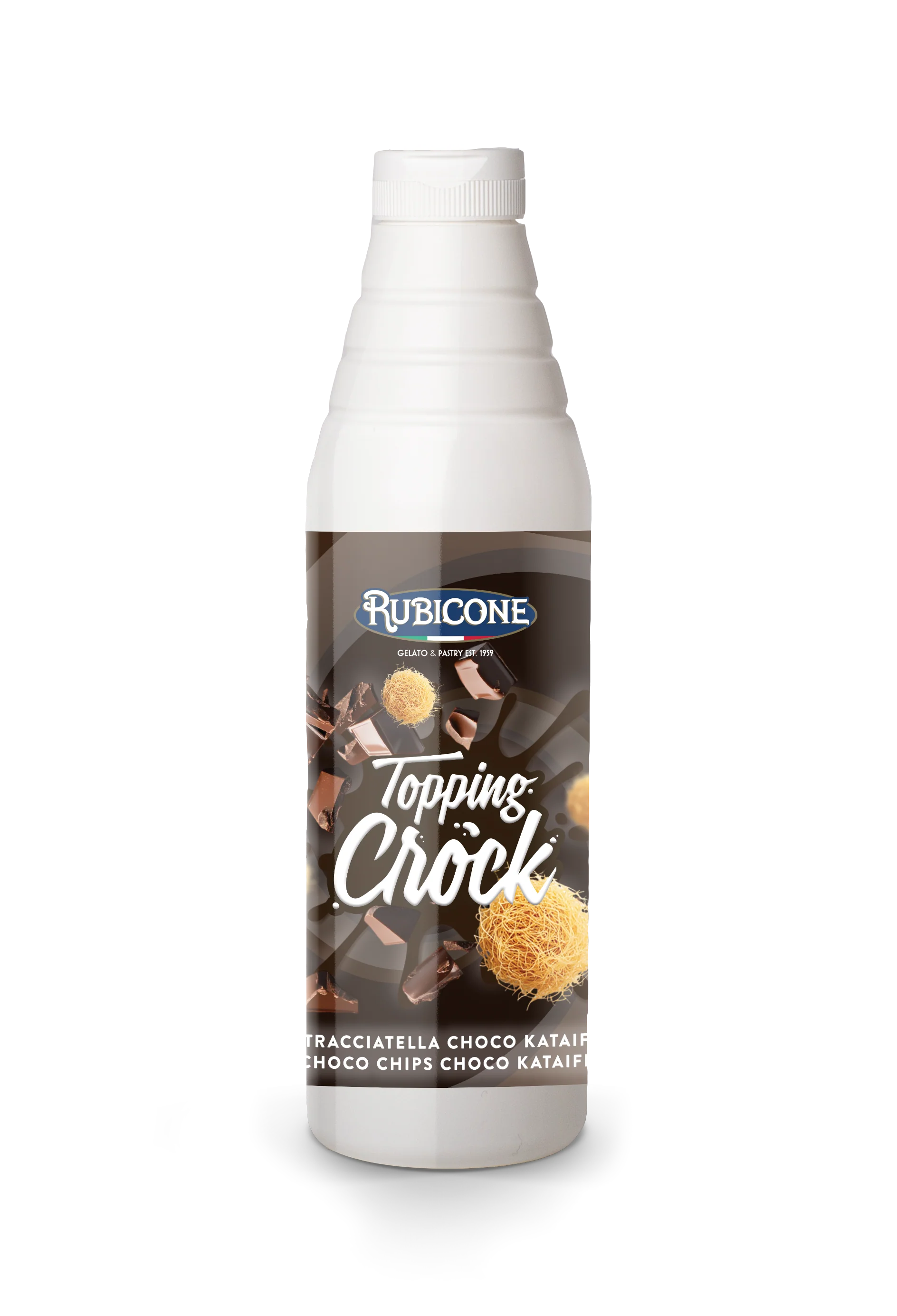 Dubai Chocolate Chips Kunafa Kataifi Topping with Pieces (Dubai Chocolate Topping) - 0.85 KG Squeeze Bottle - Stracciatella Choco Kataifi Crock Topping - Rubicone Canada - Ships Free Within Canada on Orders Above CAD $199
