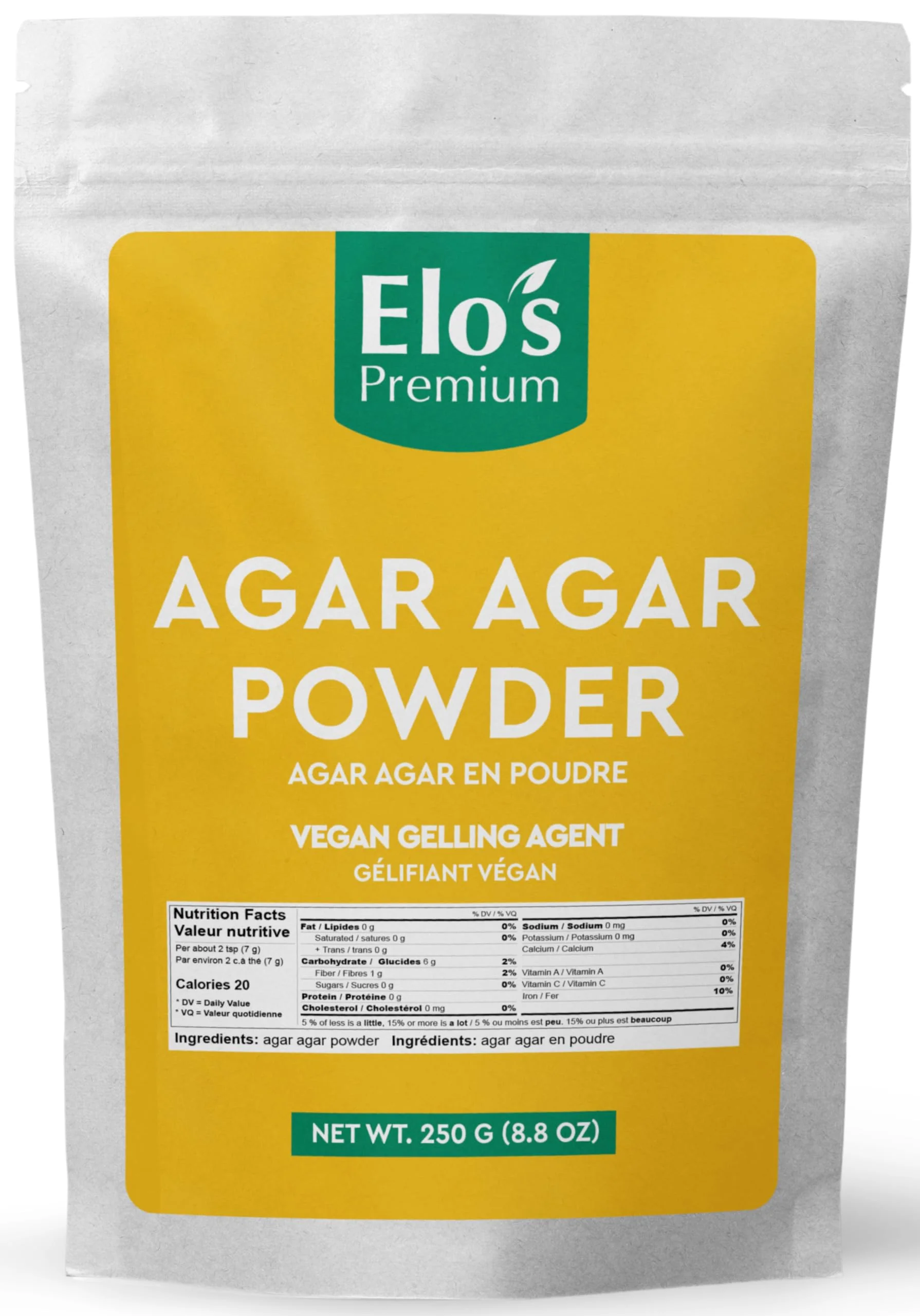 Elo’s Premium – Agar Agar Powder – Original – 250g – Vegan gelatin substitute - Canadian Distribution - Ships Free Within Canada on Orders Above CAD $199