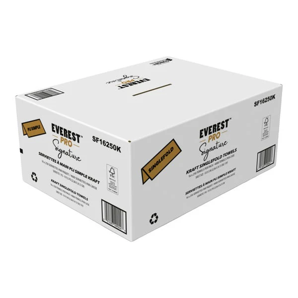 Everest Pro Signature Kraft Singlefold Hand Towel - 16 packages × 250 sheets  - Disposables, Restaurant Packaging and Take-Out Supplies - Canadian Distribution - Ships Free Within Canada on Orders Above CAD $199