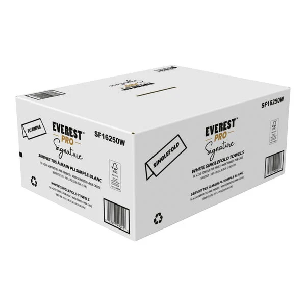 Everest Pro Signature White Singlefold Hand Towel - 16 packages × 250 sheets  - Disposables, Restaurant Packaging and Take-Out Supplies - Canadian Distribution - Ships Free Within Canada on Orders Above CAD $199