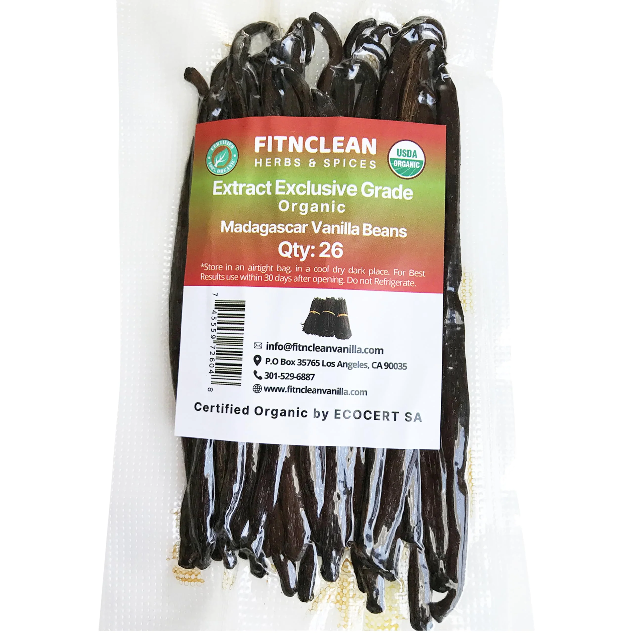 FITNCLEAN - Organic Madagascar Vanilla Beans - Grade B - 26 Count - Canadian Distribution - Ships Free Within Canada on Orders Above CAD $199