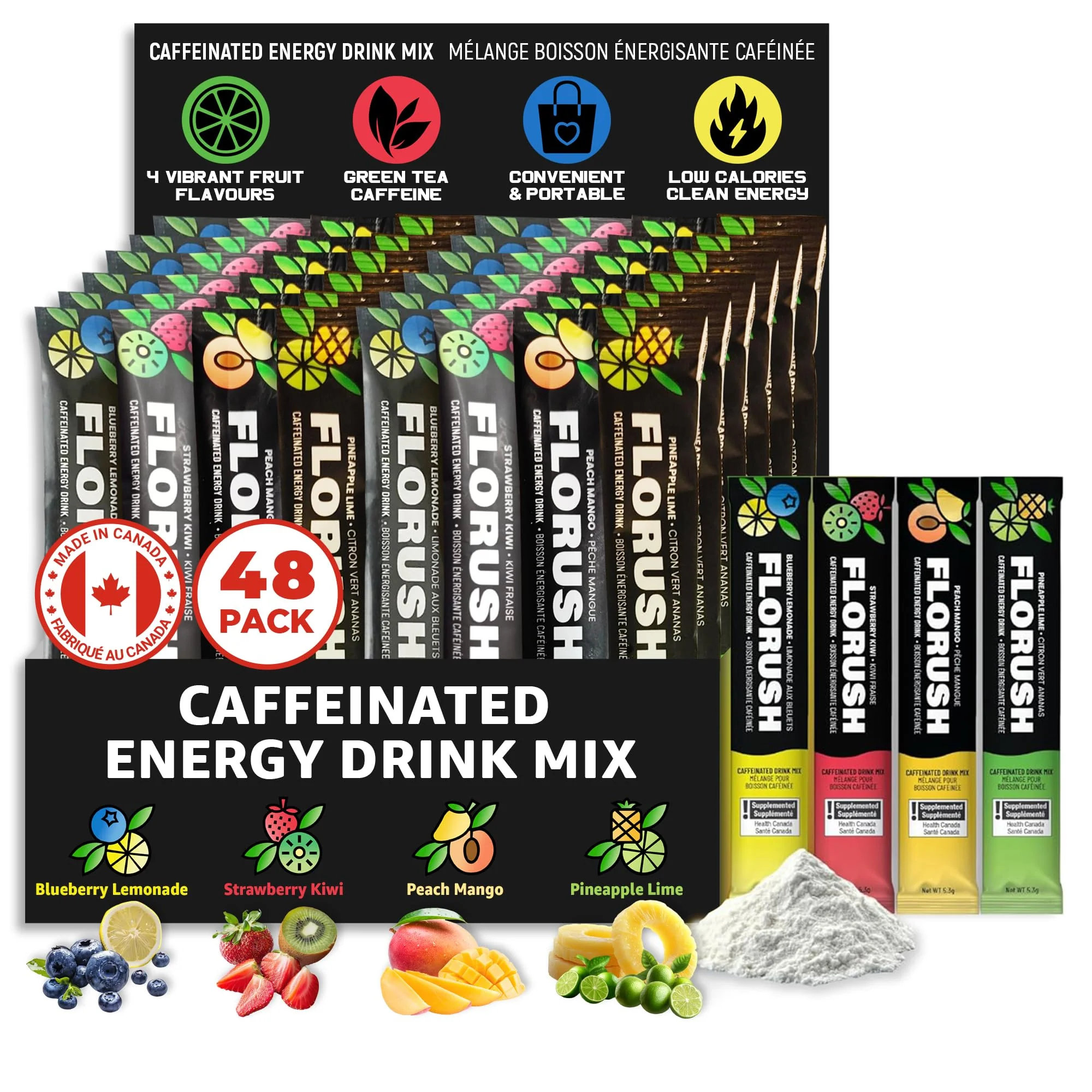 FloRush – Energy Drink Hydration Powder – Variety Pack – 48 Sachets - Canadian Distribution - Ships Free Within Canada on Orders Above CAD $199